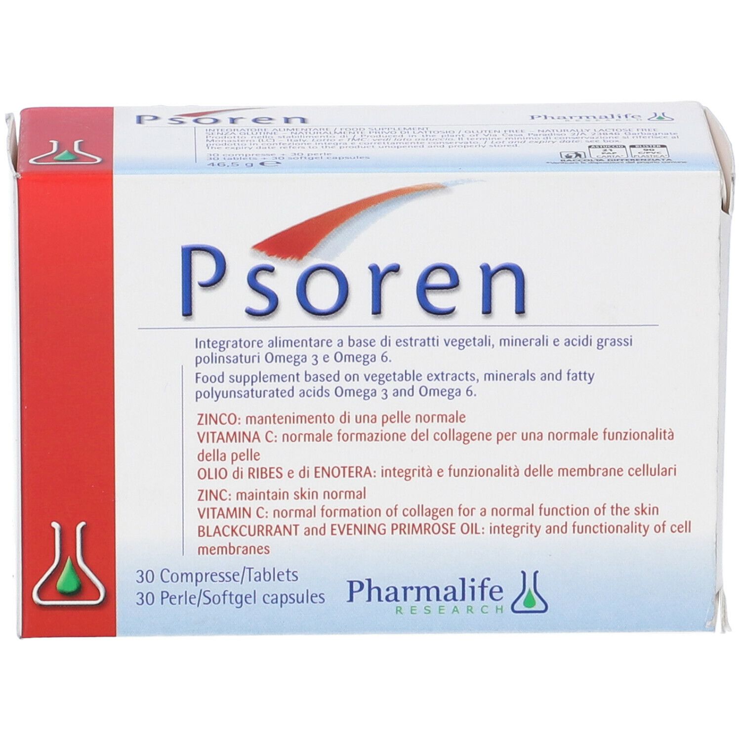 Scatola Psoren con design rosso e blu. Contiene 30 compresse e 30 perle/capsule. Scritta: Pharmalife Research.
