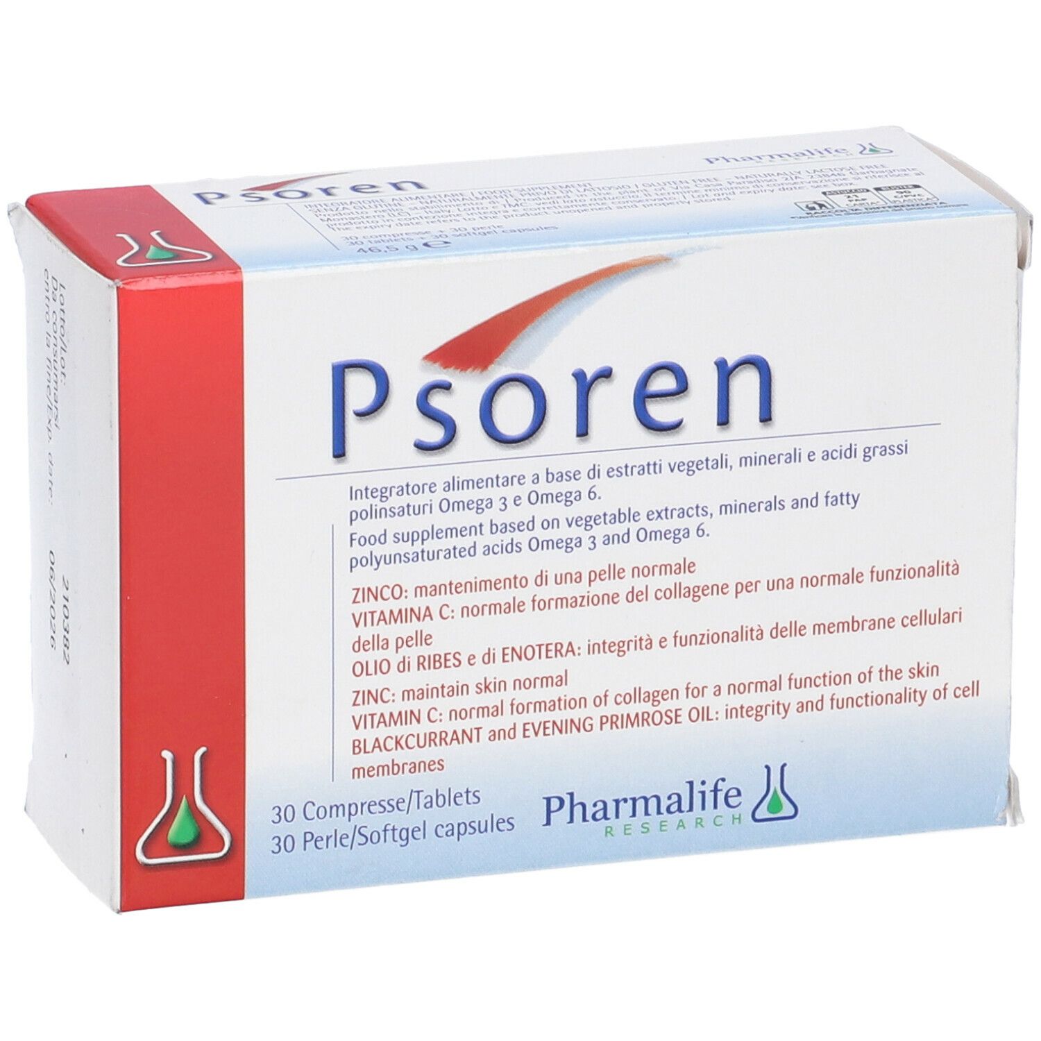 Scatola Psoren con design rosso e blu. Contiene 30 compresse e 30 perle/capsule. Scritta: Pharmalife Research.