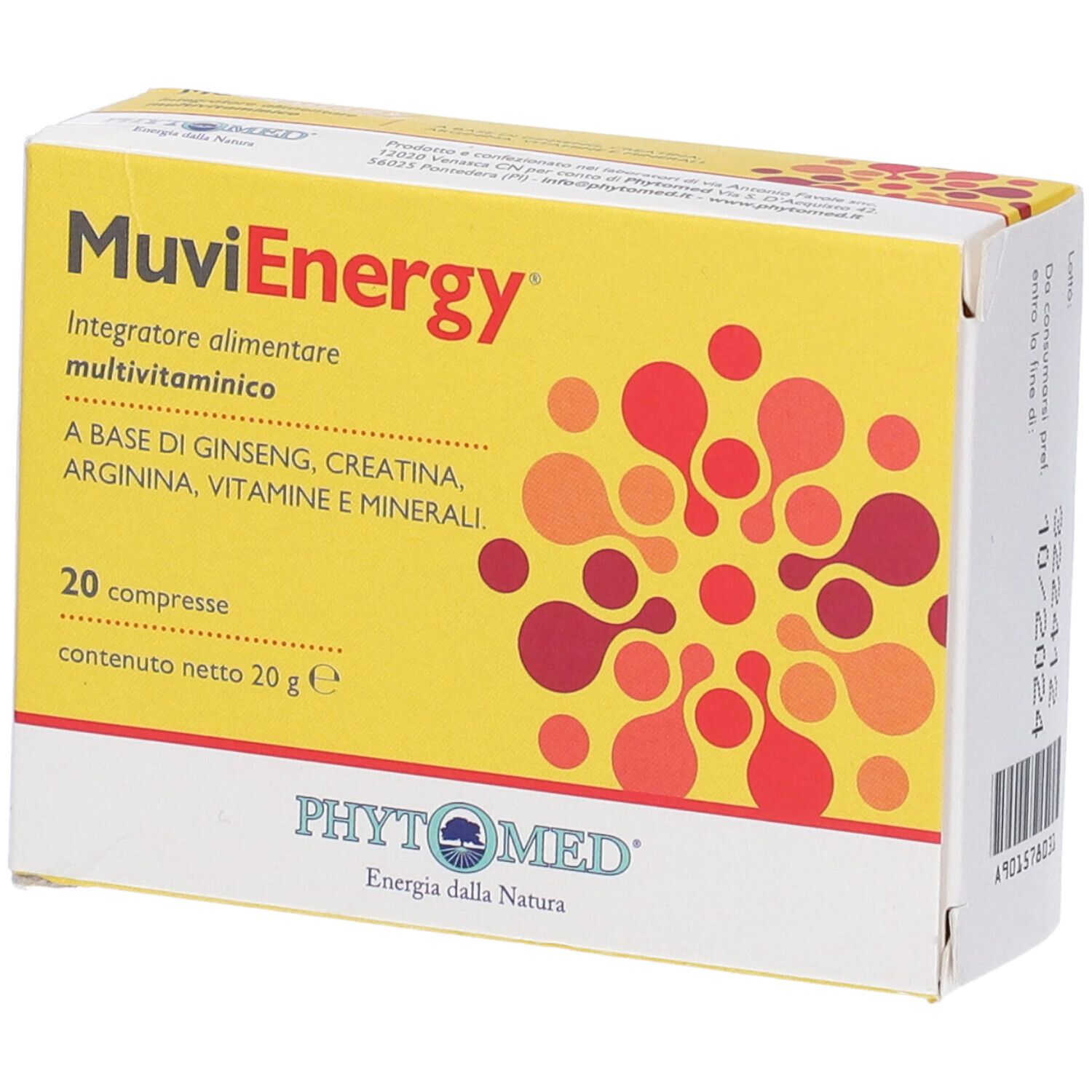 Confezione del prodotto gialla con design circolare rosso. Scritta: Muvienergy, 20 compresse. Marchio: Phytomed.