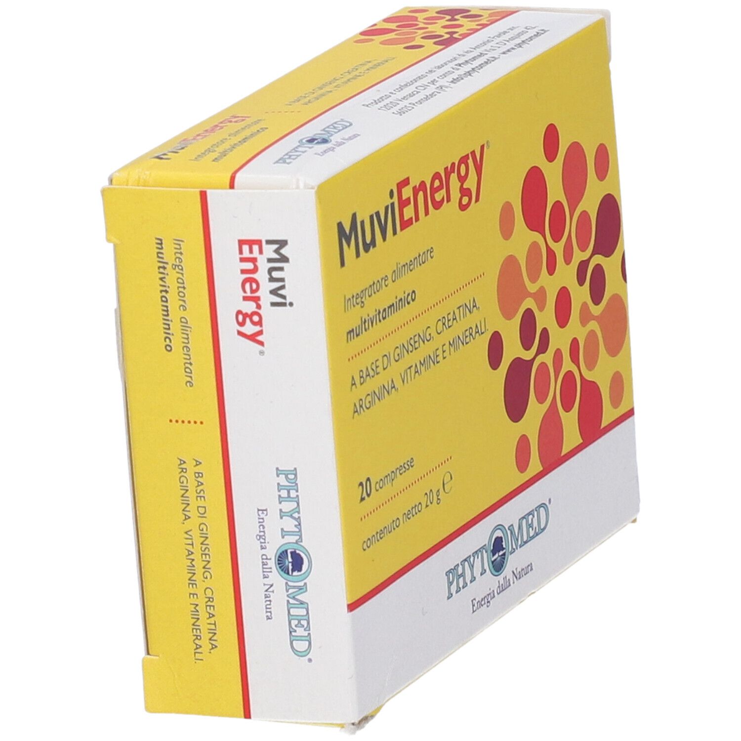 Confezione del prodotto gialla con design circolare rosso. Scritta: Muvienergy, 20 compresse. Marchio: Phytomed.