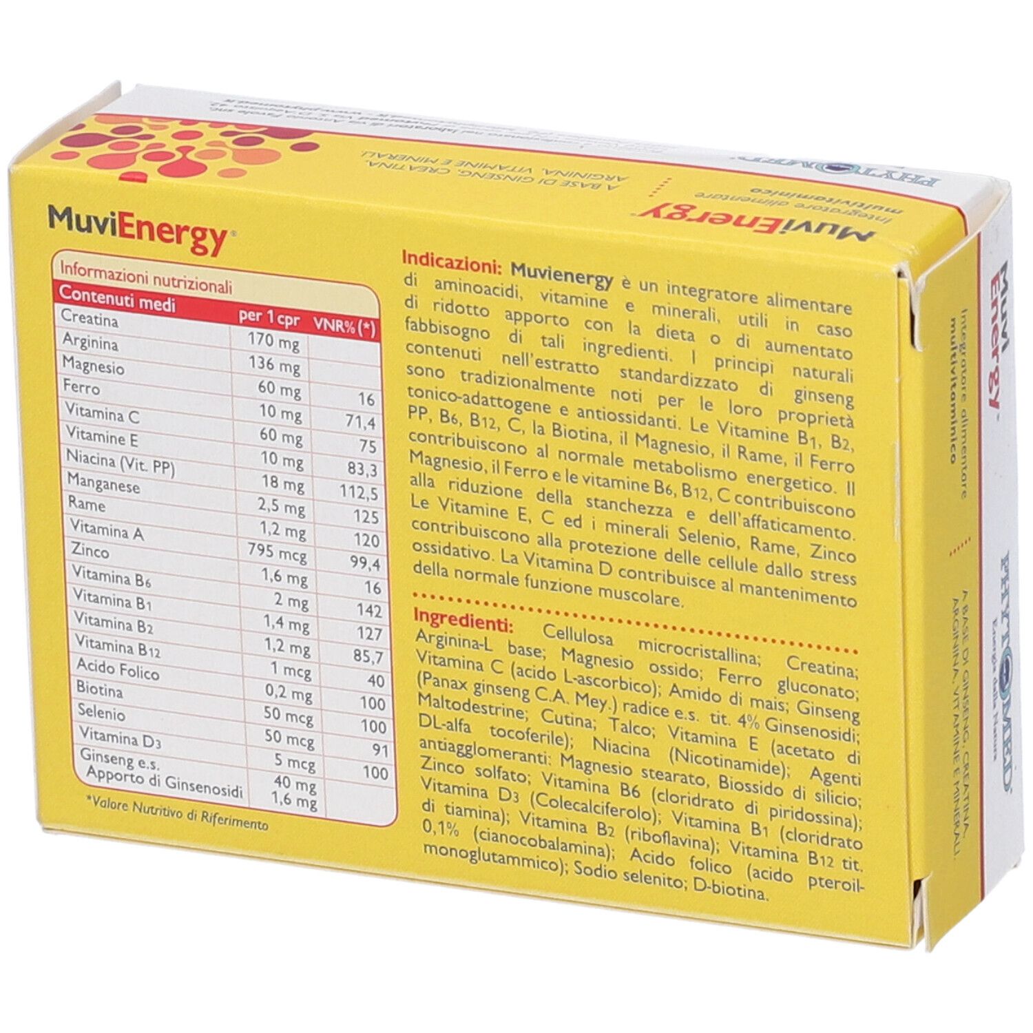 Retro della confezione gialla del prodotto. Contiene informazioni nutrizionali e ingredienti. Marchio: Muvienergy.