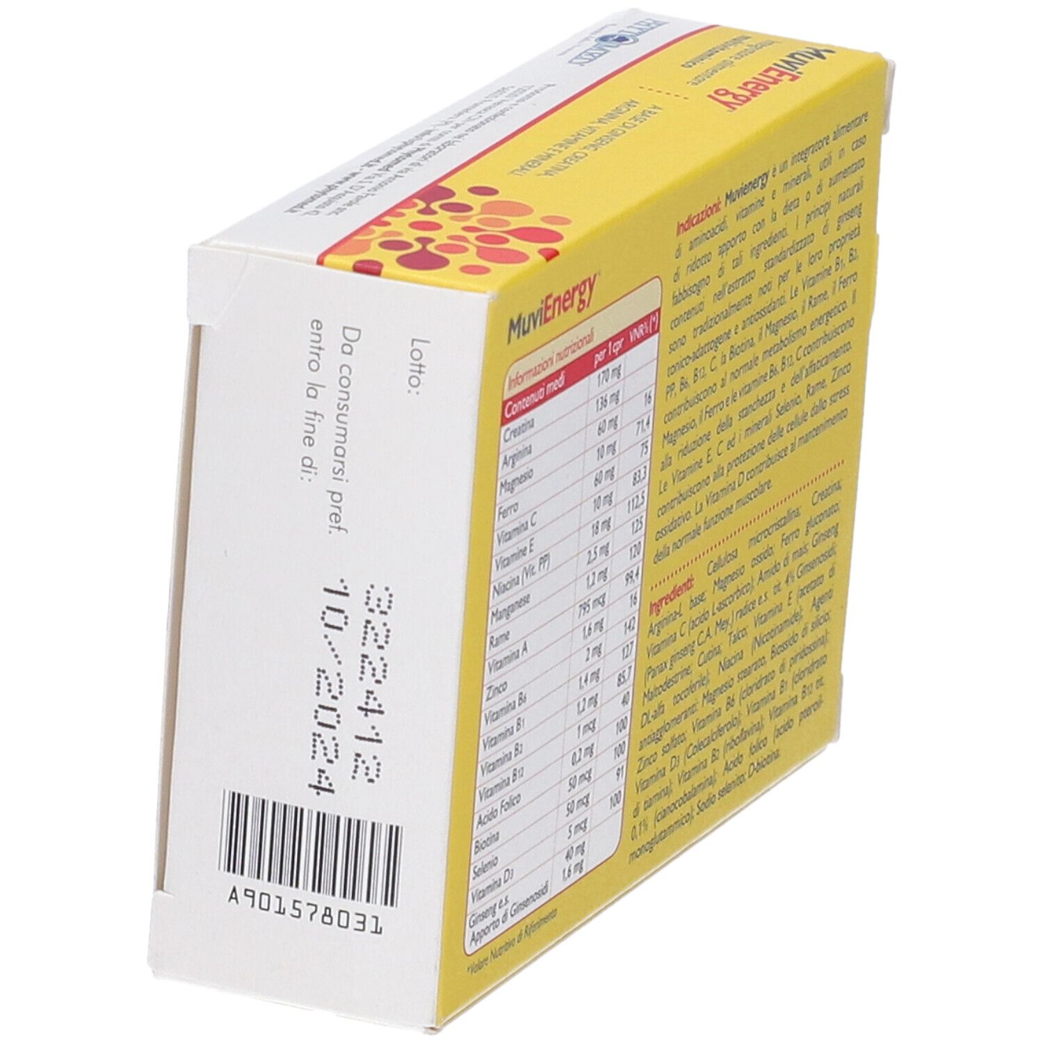 Retro della confezione gialla del prodotto. Contiene informazioni nutrizionali e ingredienti. Marchio: Muvienergy.