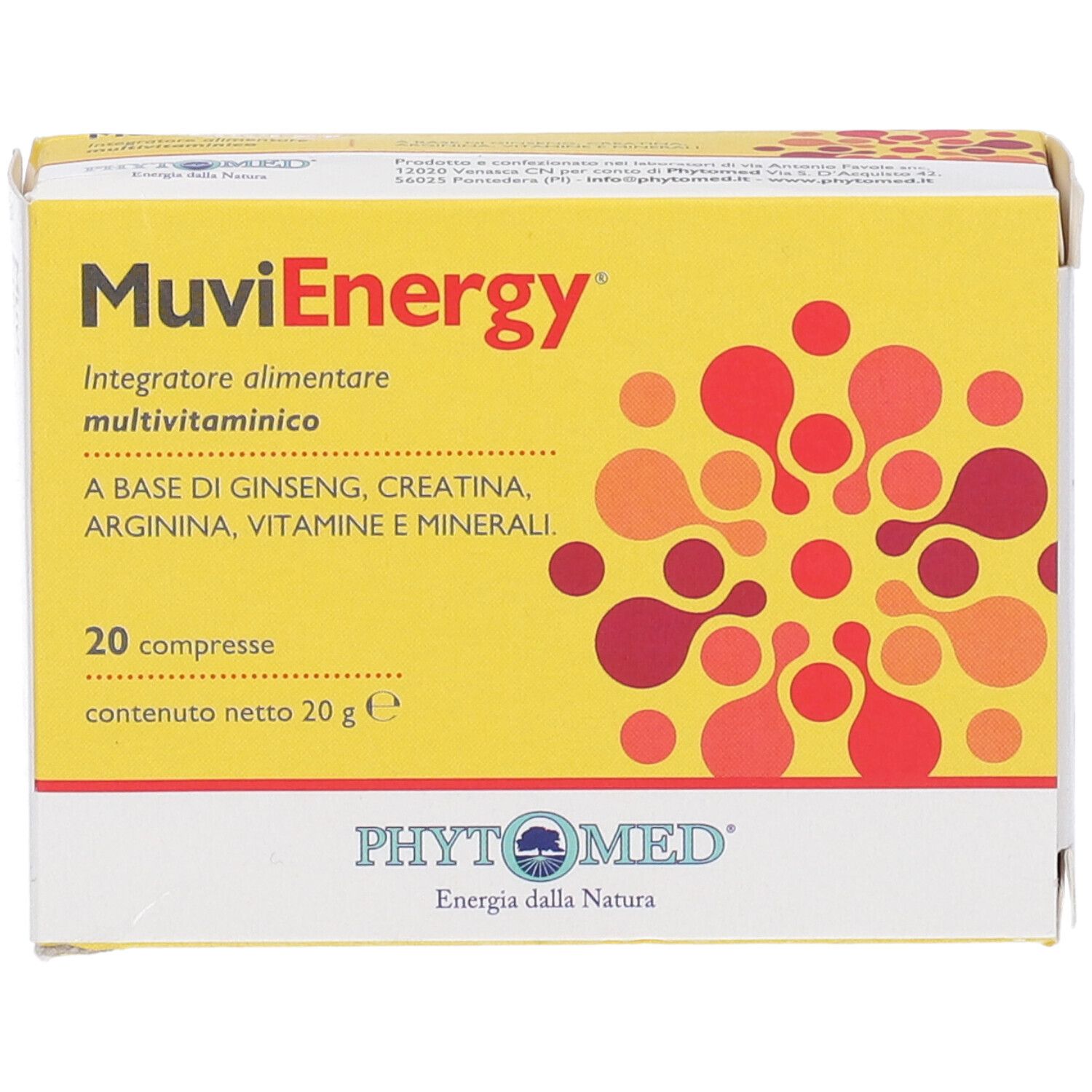 Confezione del prodotto gialla con design circolare rosso. Scritta: Muvienergy, 20 compresse. Marchio: Phytomed.