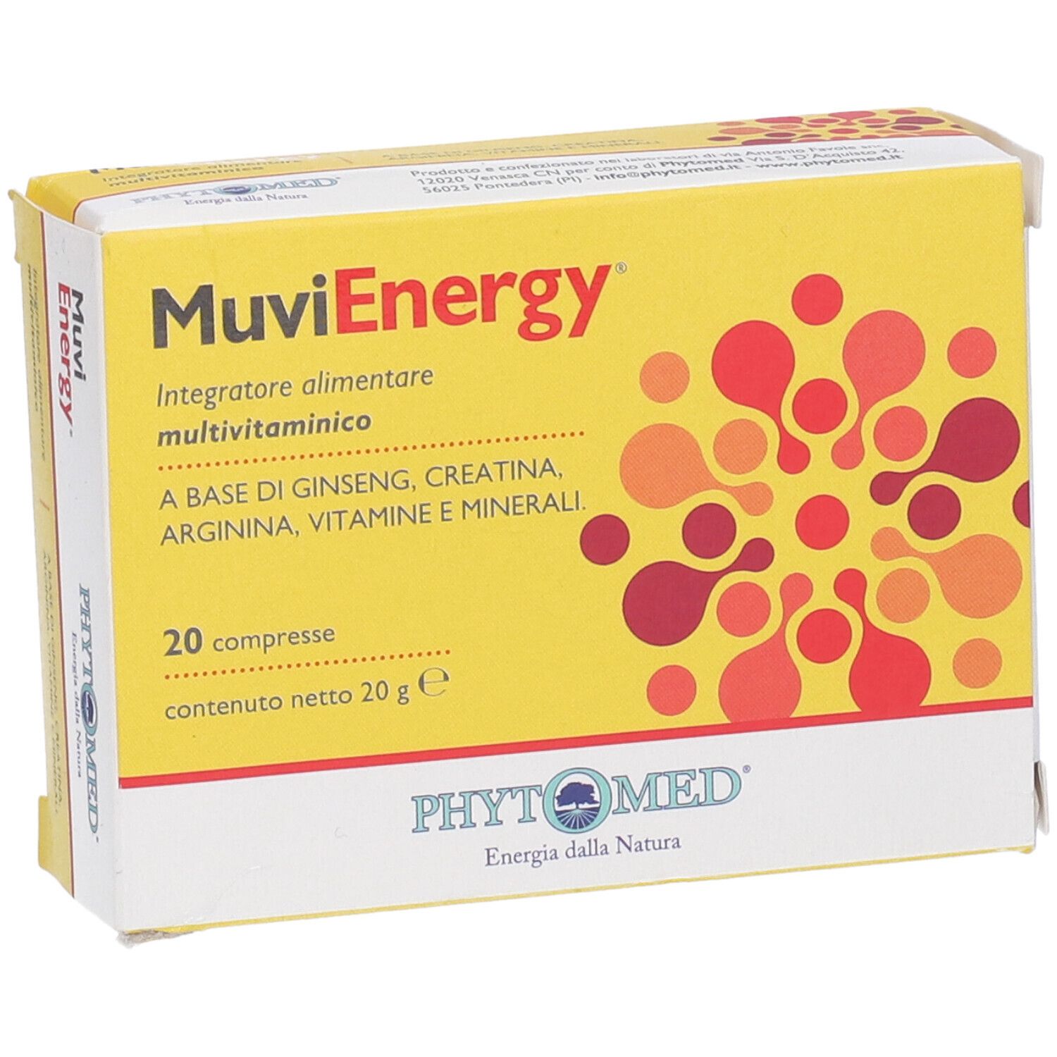Confezione del prodotto gialla con design circolare rosso. Scritta: Muvienergy, 20 compresse. Marchio: Phytomed.