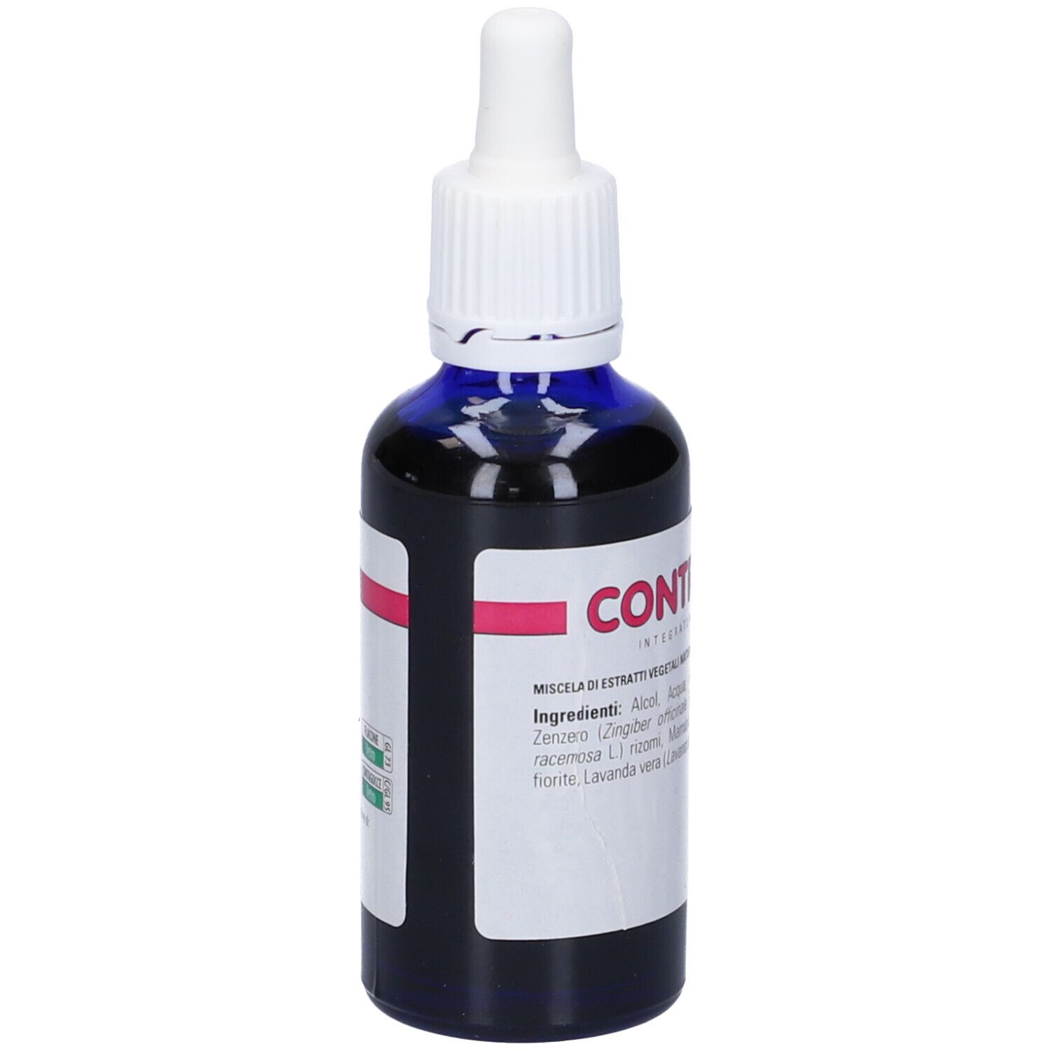 Flacone di vetro blu con contagocce bianco. Contravert e ingredienti sull'etichetta. Lo sfondo è bianco.