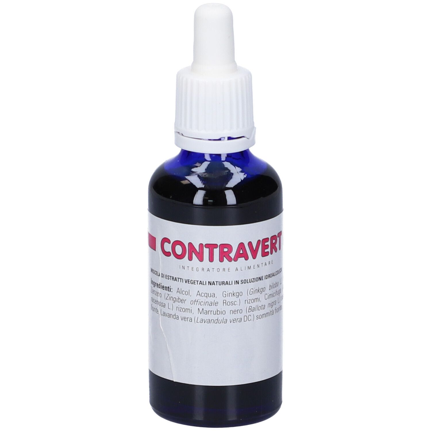 Flacone di vetro blu con contagocce bianco. Contravert e ingredienti sull'etichetta. Lo sfondo è bianco.