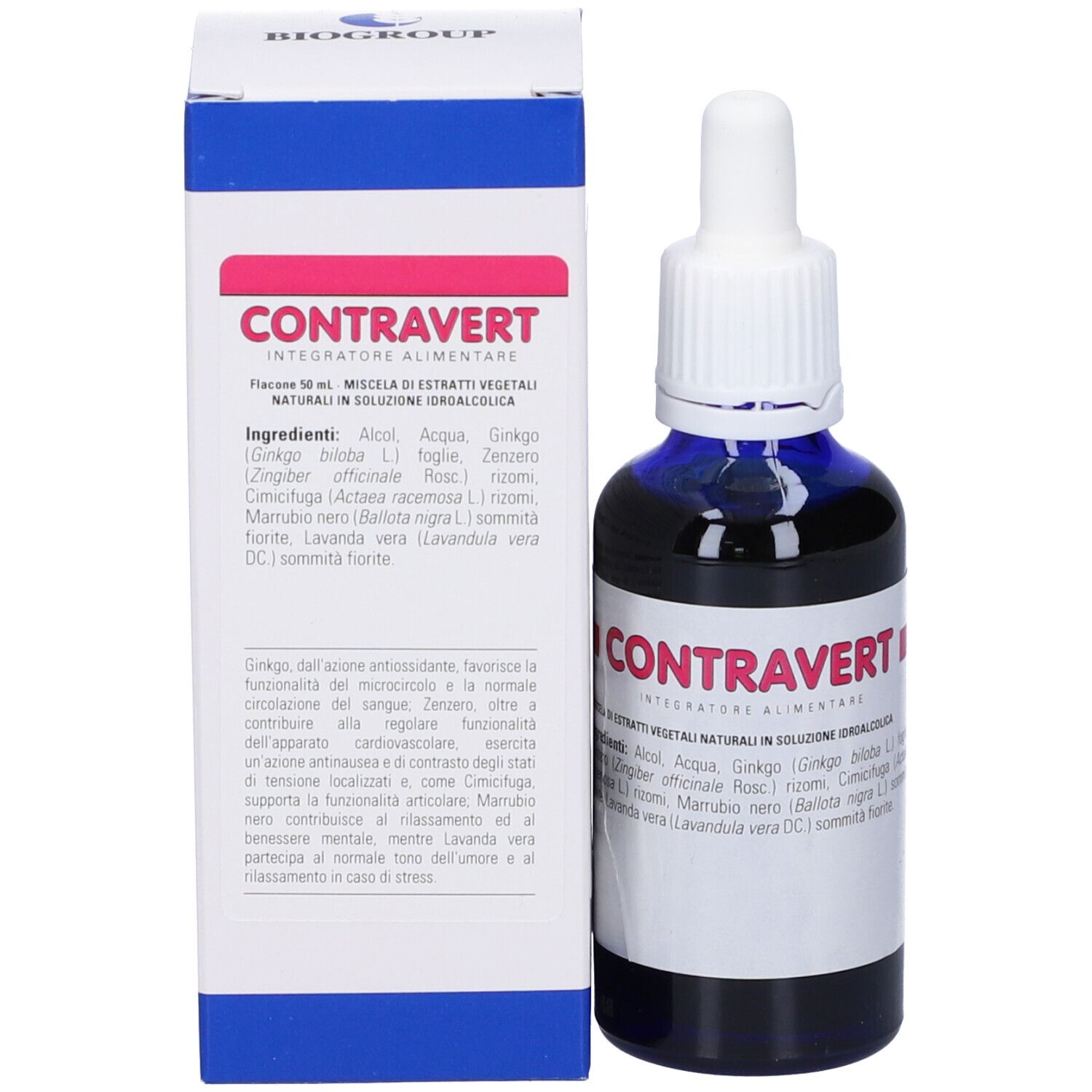 Confezione del prodotto e flacone. Il flacone è blu con contagocce bianco. Contravert è sulla confezione.