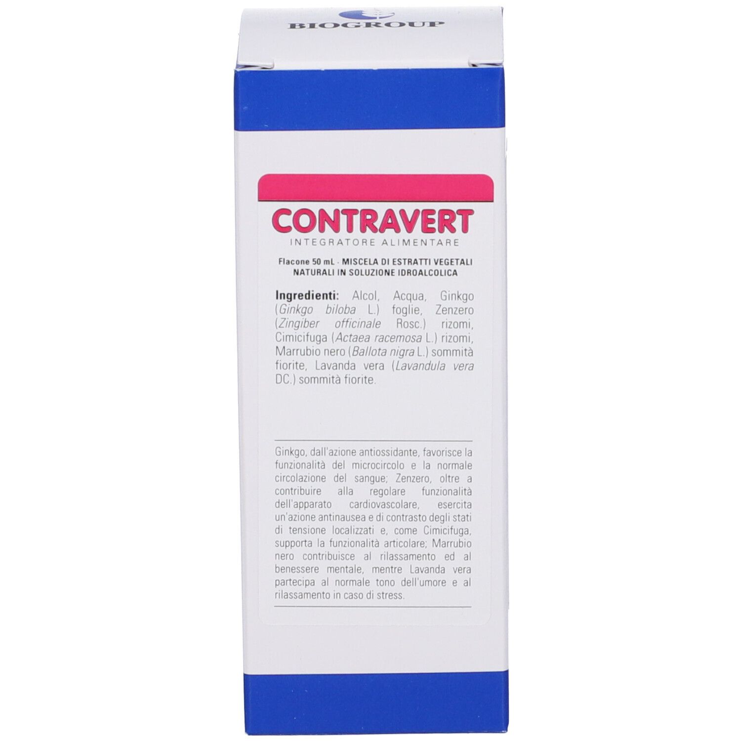 Confezione del prodotto. Contravert e ingredienti sulla confezione. Lo sfondo è bianco.