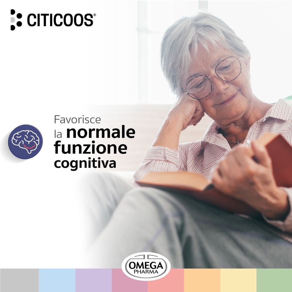 Donna anziana legge un libro. Logo CITICOOS®. Testo: Favorisce la normale funzione cognitiva. Logo Omega Pharma.