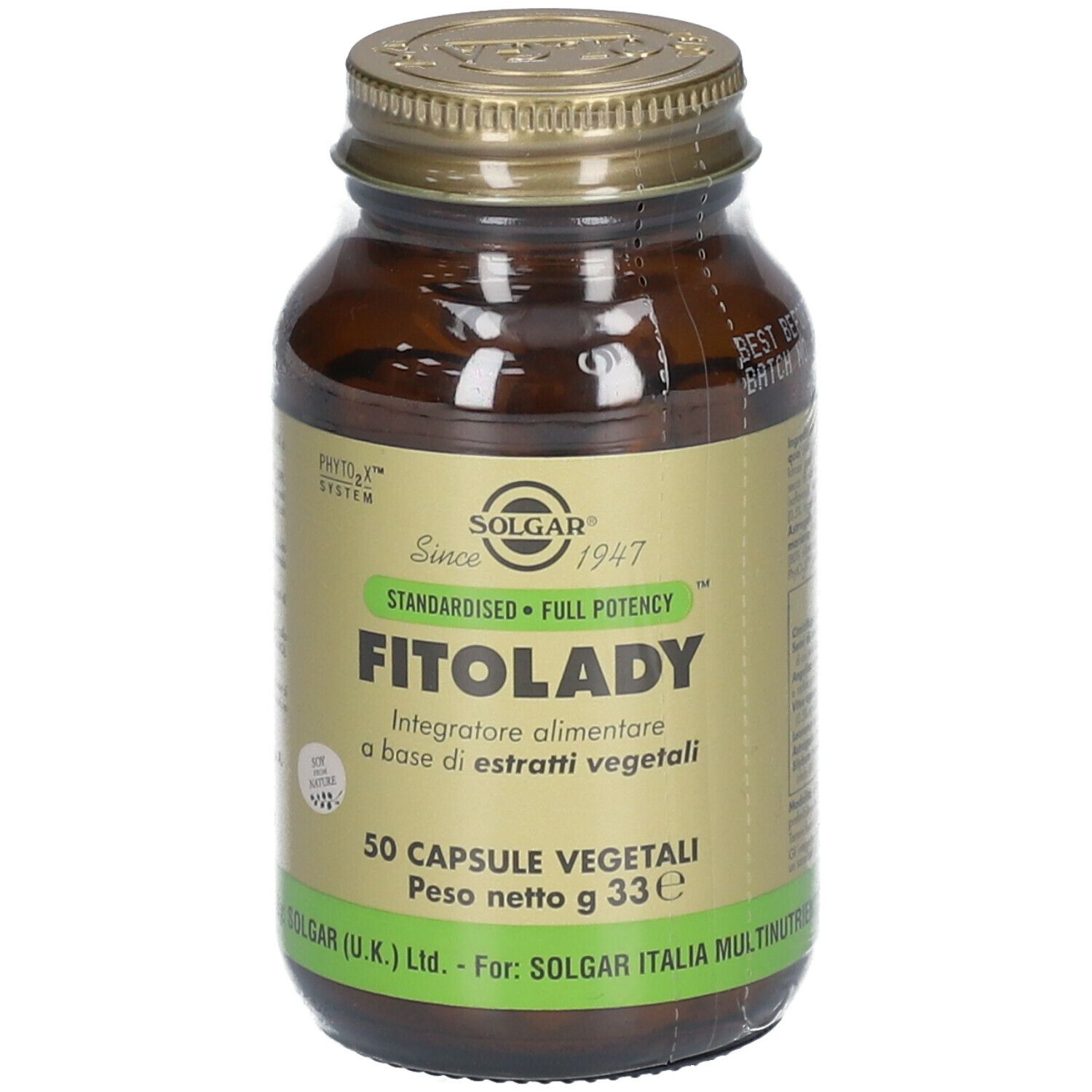 Flacone di vetro marrone con etichetta gialla. Scritta: Fitolady, 50 capsule. Marchio: Solgar. Peso: 33g.
