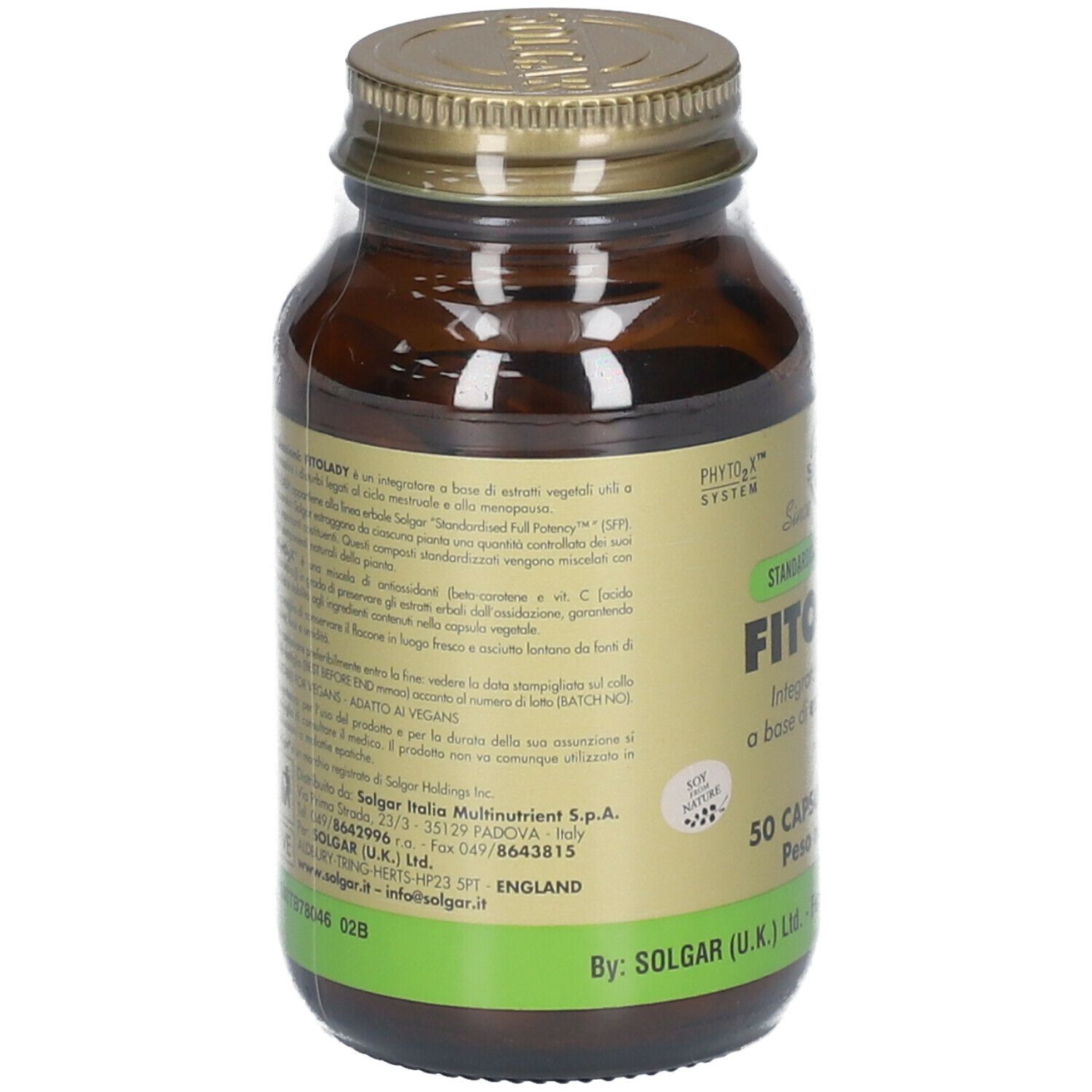 Flacone di vetro marrone con etichetta gialla. Scritta: Fitolady, 50 capsule. Marchio: Solgar. Retro con testo.