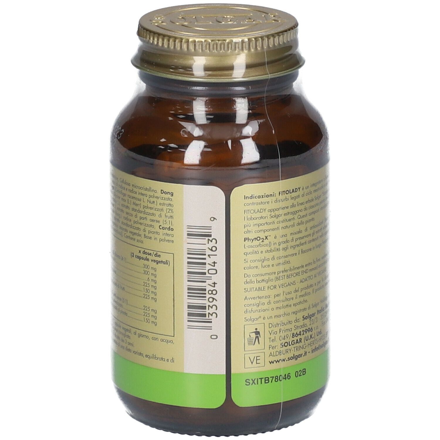 Flacone di vetro marrone con etichetta gialla. Scritta: Fitolady, 50 capsule. Marchio: Solgar. Retro con testo e codice a barre.
