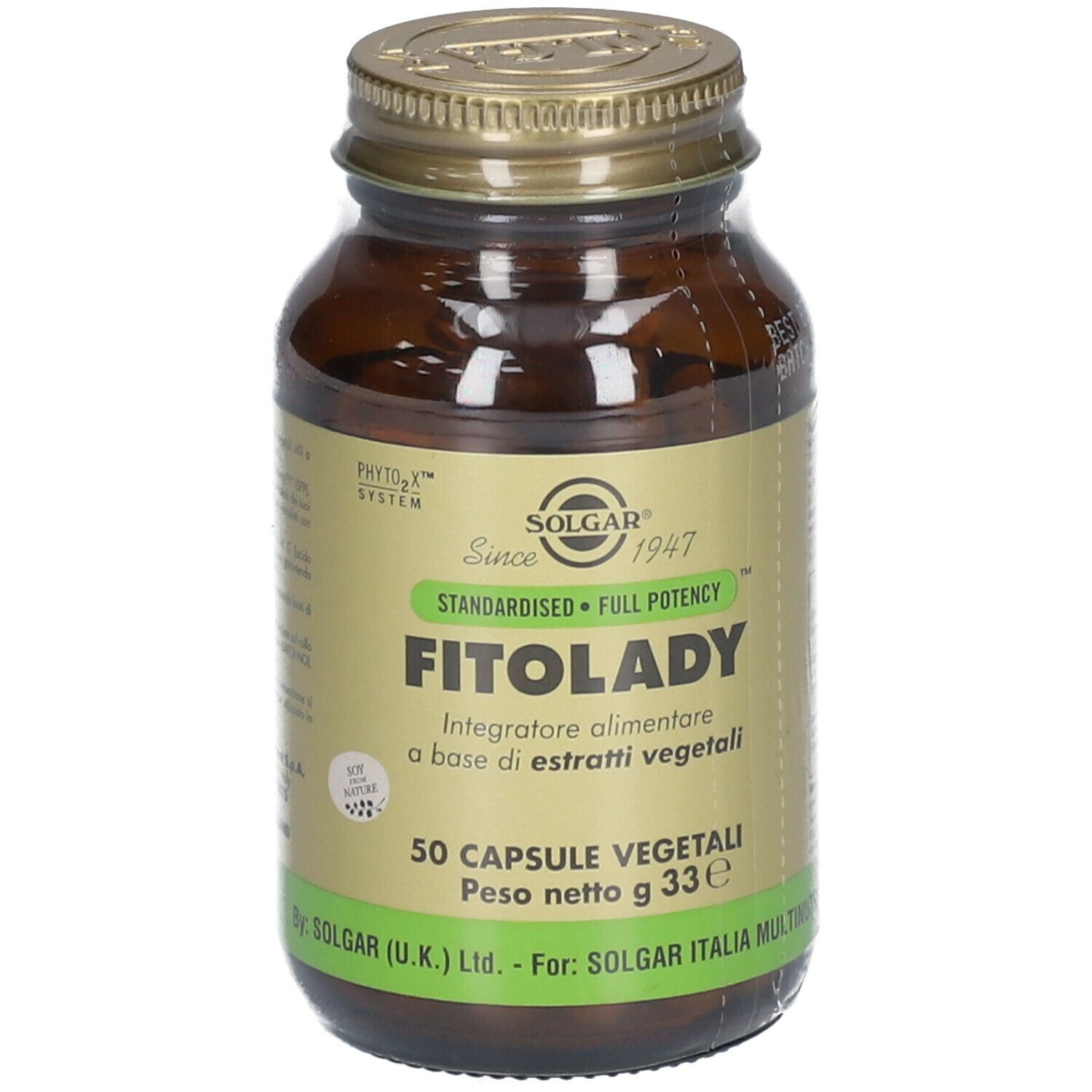 Flacone di vetro marrone con etichetta gialla. Scritta: Fitolady, 50 capsule. Marchio: Solgar. Primo piano.
