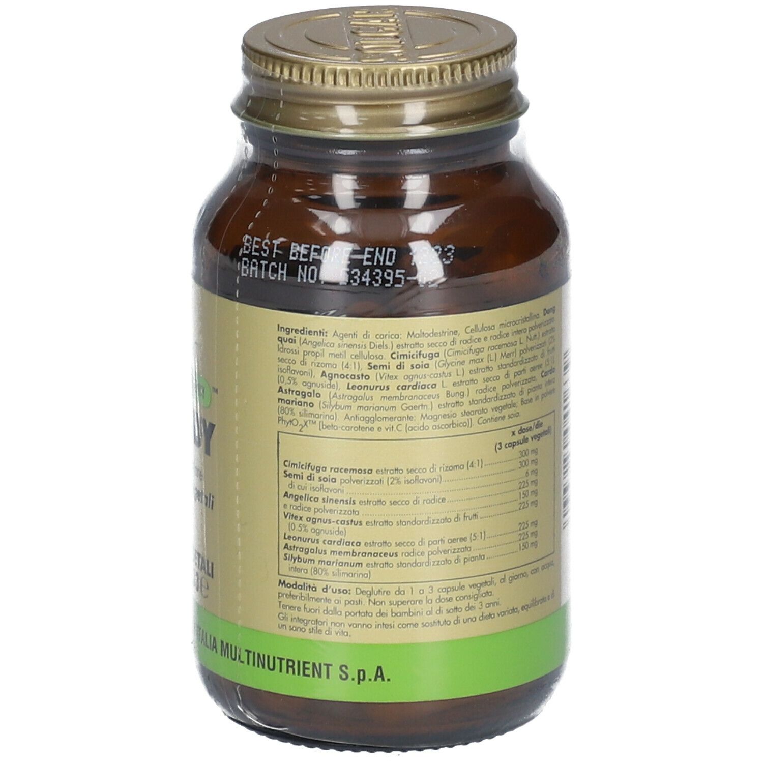 Flacone di vetro marrone con etichetta gialla. Scritta: Fitolady, 50 capsule. Marchio: Solgar. Retro con elenco ingredienti.