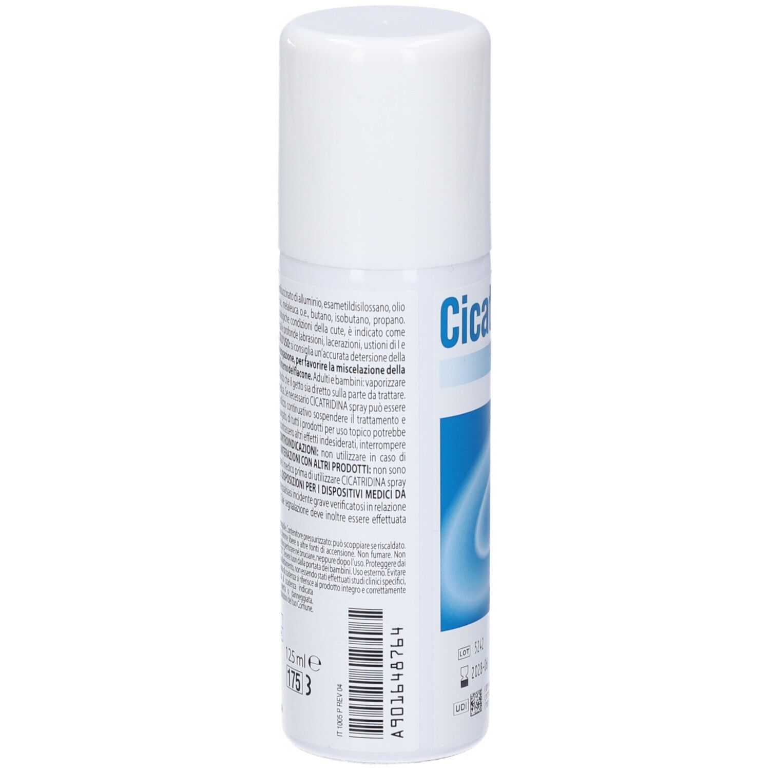 Flacone spray bianco con testo. Scritta: Cicatridina. Codice a barre e testo in italiano.