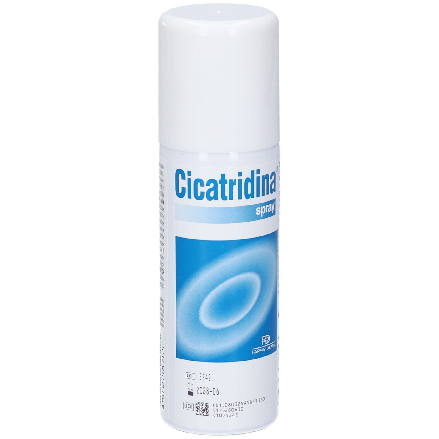 Flacone spray bianco con etichetta blu. Scritta: Cicatridina spray. Logo e data di scadenza.