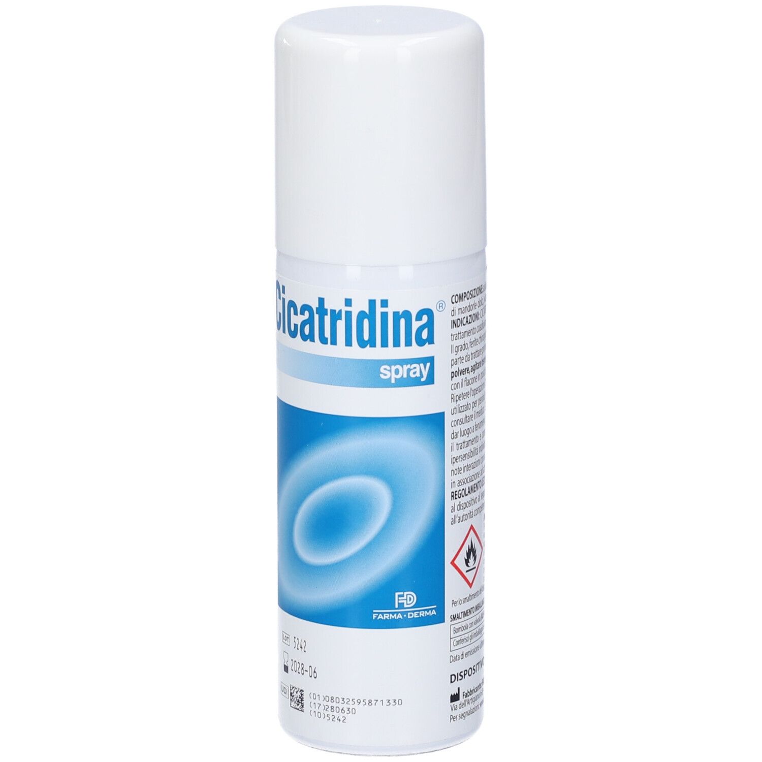 Flacone spray bianco con etichetta blu. Scritta: Cicatridina spray. Logo e pittogrammi.