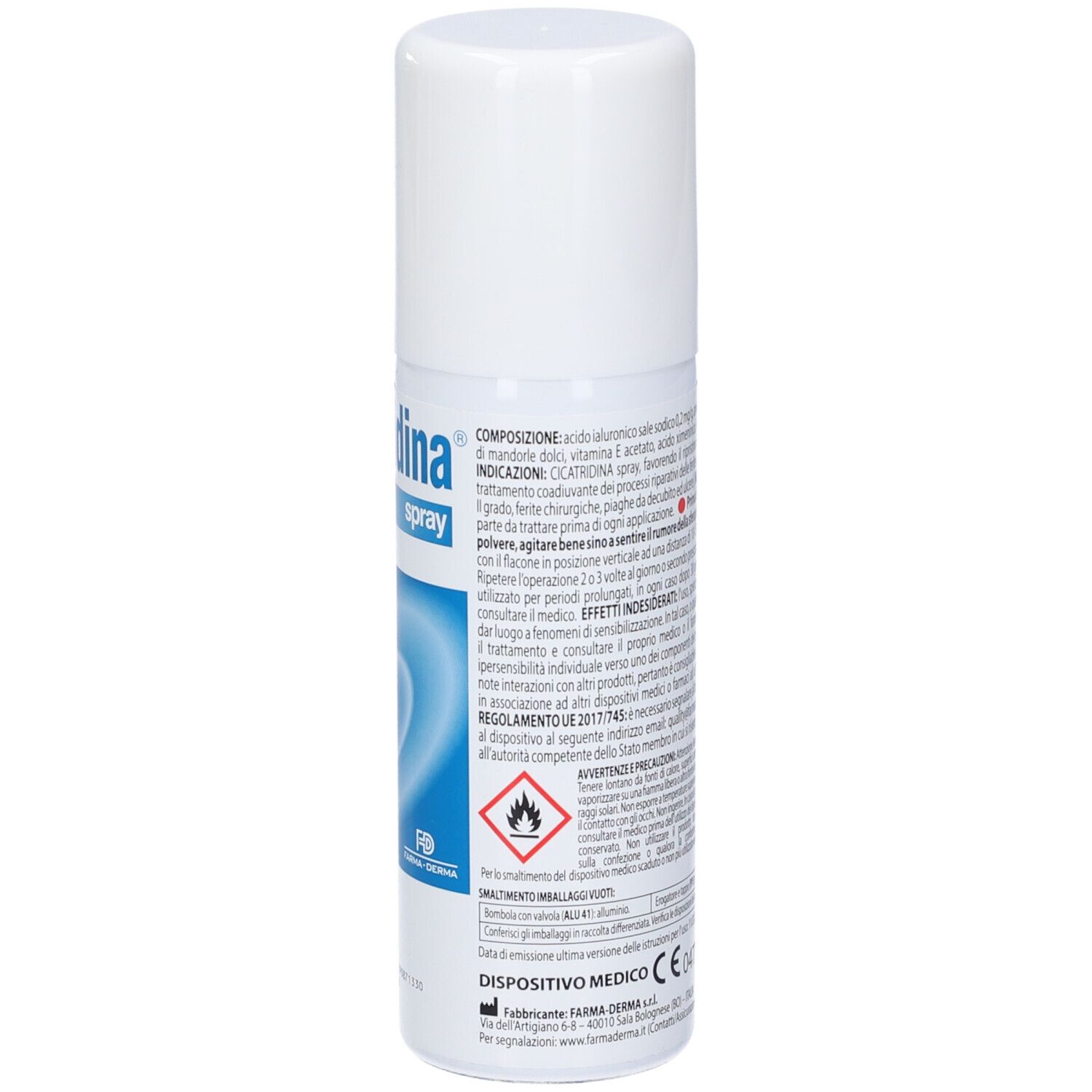 Flacone spray bianco con testo. Scritta: Cicatridina. Testo in italiano. Pittogrammi.