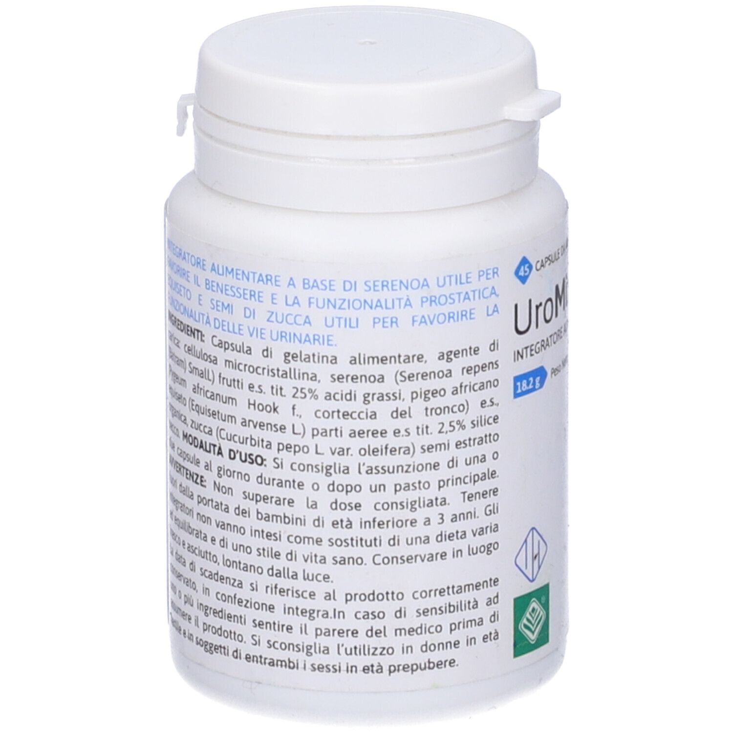 Flacone bianco con testo. Contiene ingredienti e istruzioni per l'uso. Scritta: Integratore Alimentare a base di Serenoa.