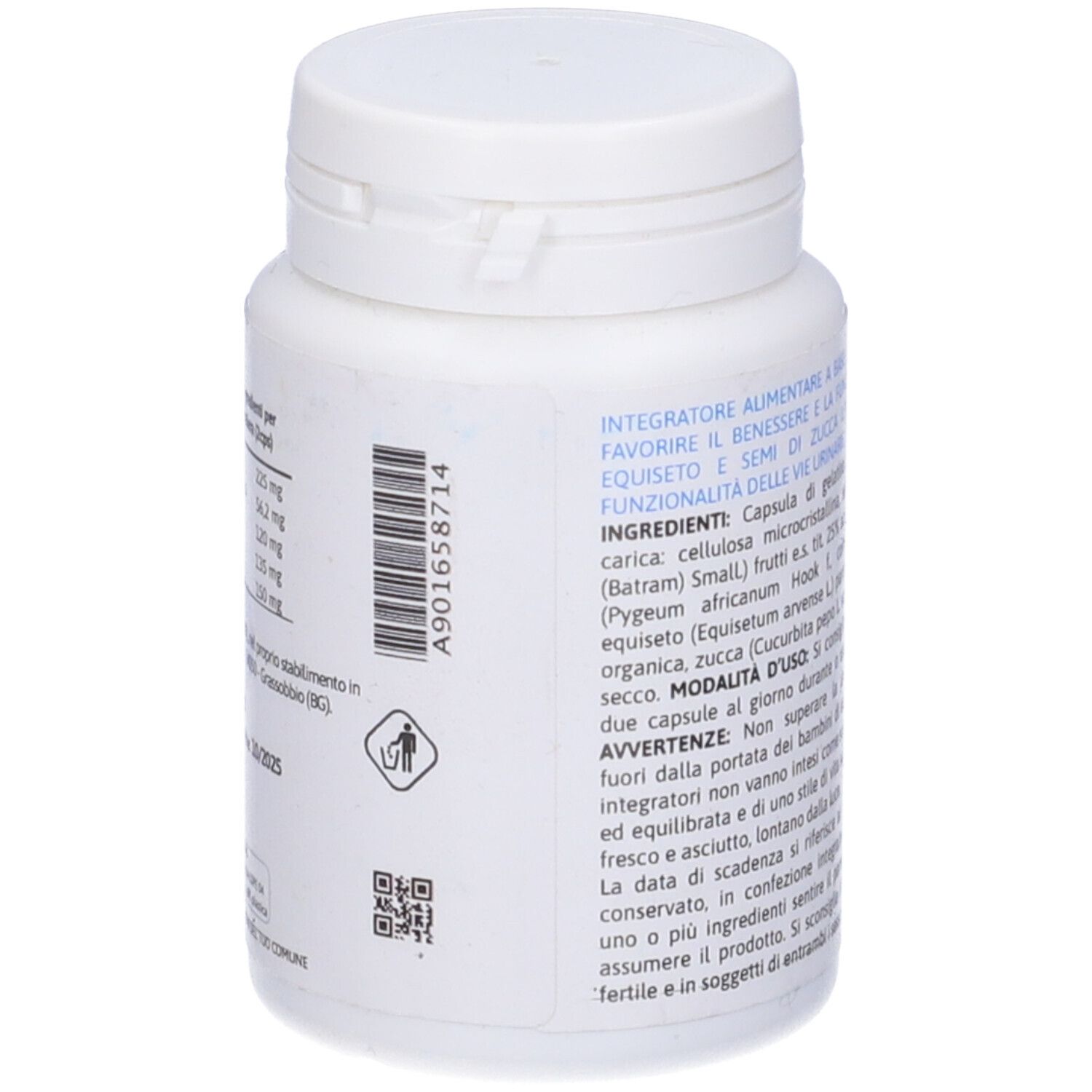 Flacone bianco con testo e codice a barre. Contiene ingredienti e istruzioni per l'uso. Scritta: Integratore Alimentare.