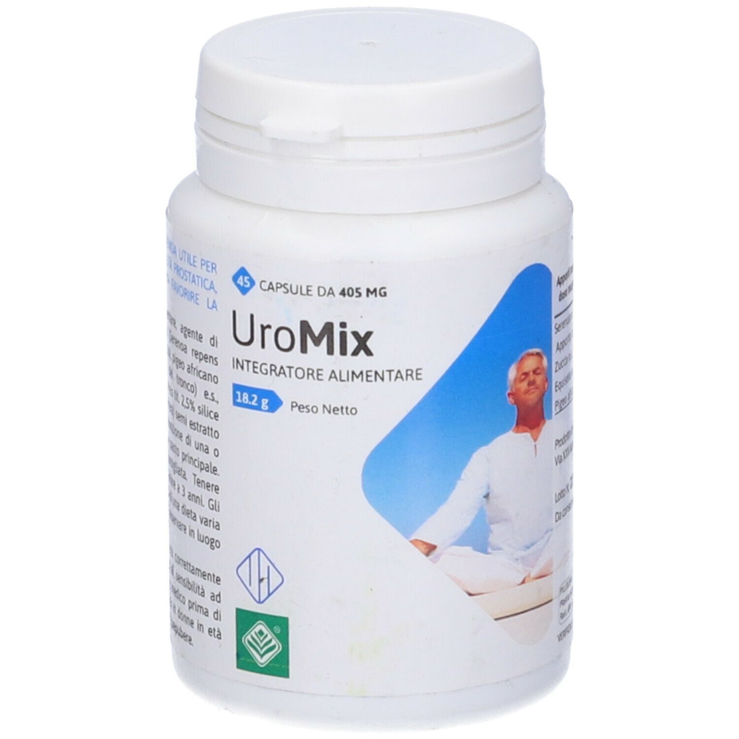 Flacone bianco con etichetta UroMix. Contiene 45 capsule. Immagine di un uomo. Scritta: Integratore Alimentare.