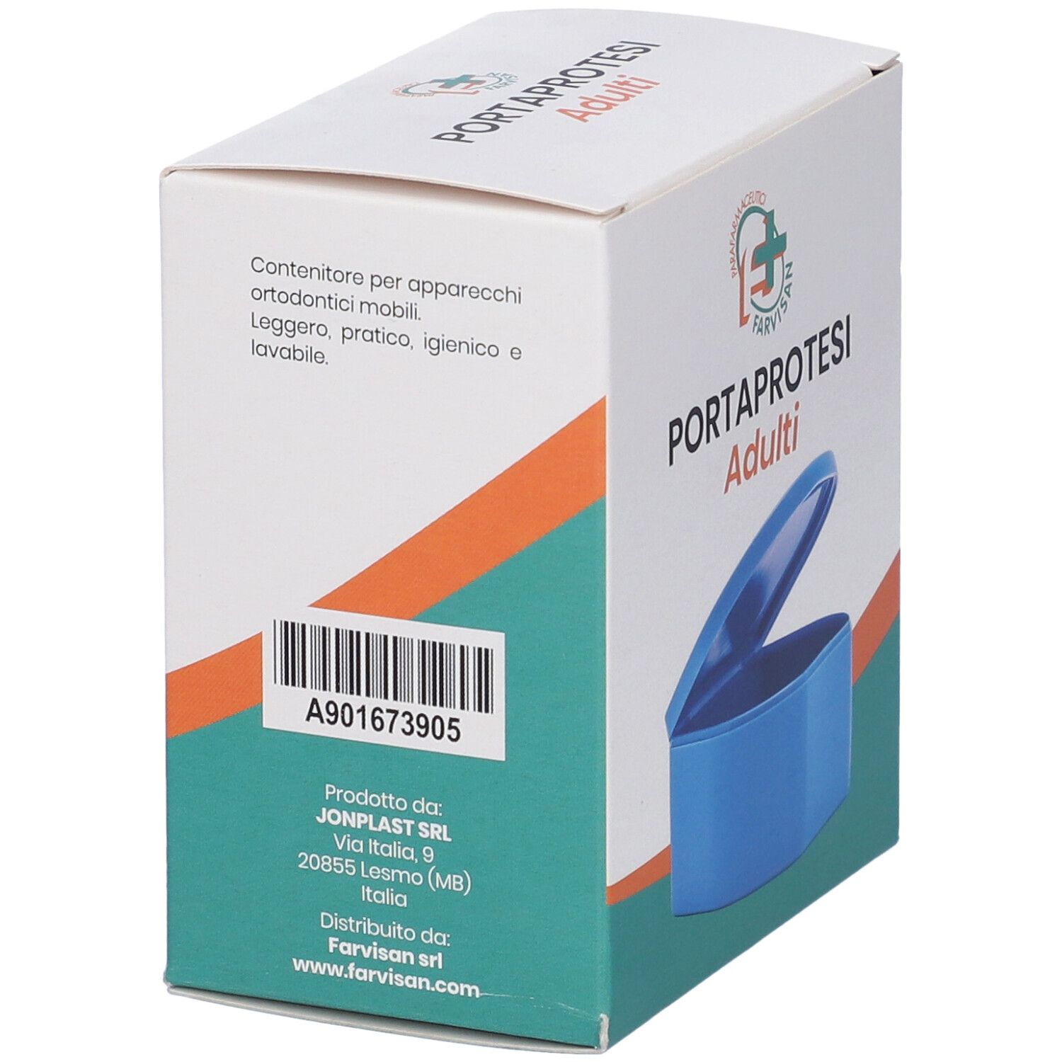 Scatola per portaprotesi adulti. Scritto: PORTAPROTESI Adulti. Barcode e indirizzo Jonplast SRL. Marchio: Farvisan.