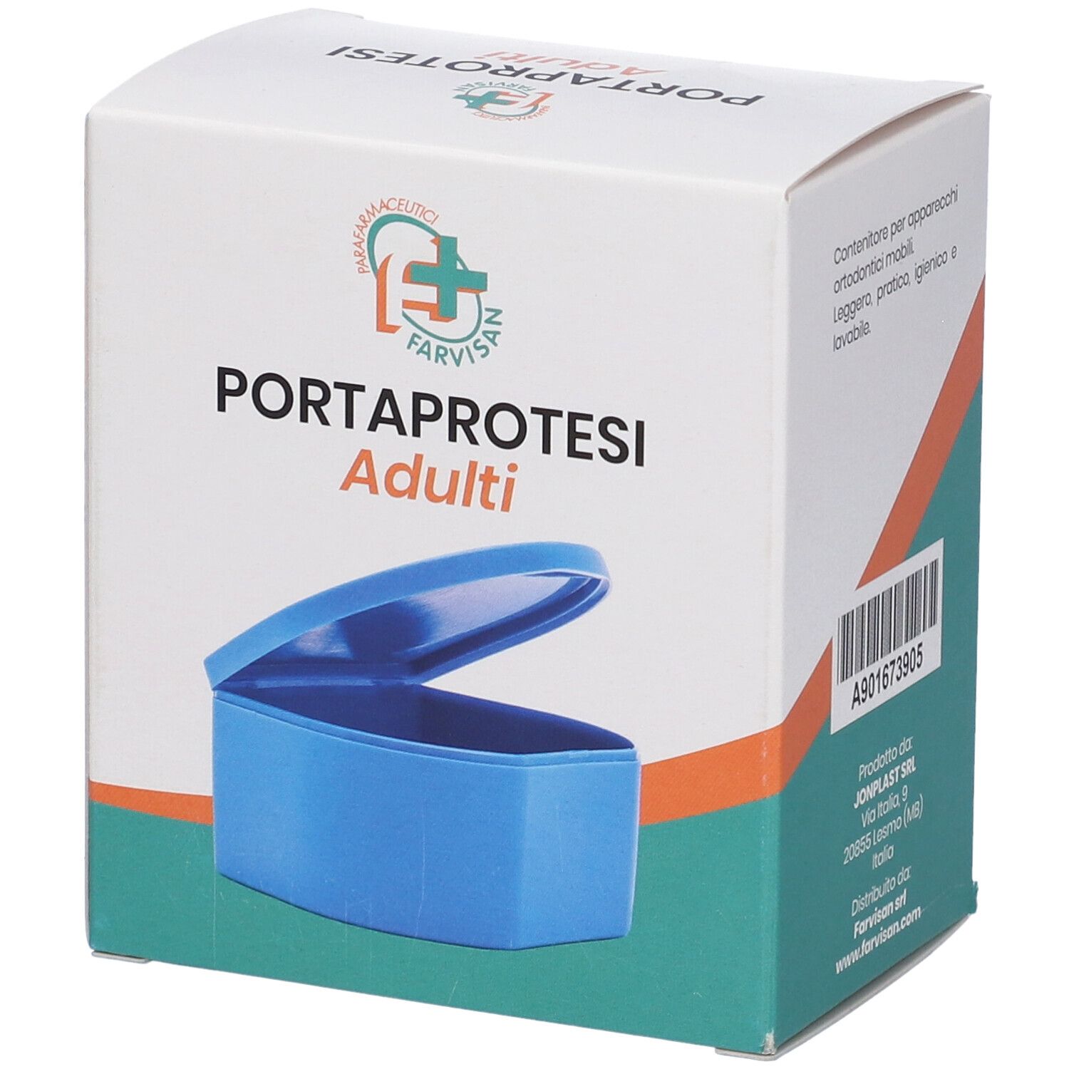 Scatola per portaprotesi adulti. Scritto: PORTAPROTESI Adulti. Contiene un contenitore blu. Marchio: Farvisan.