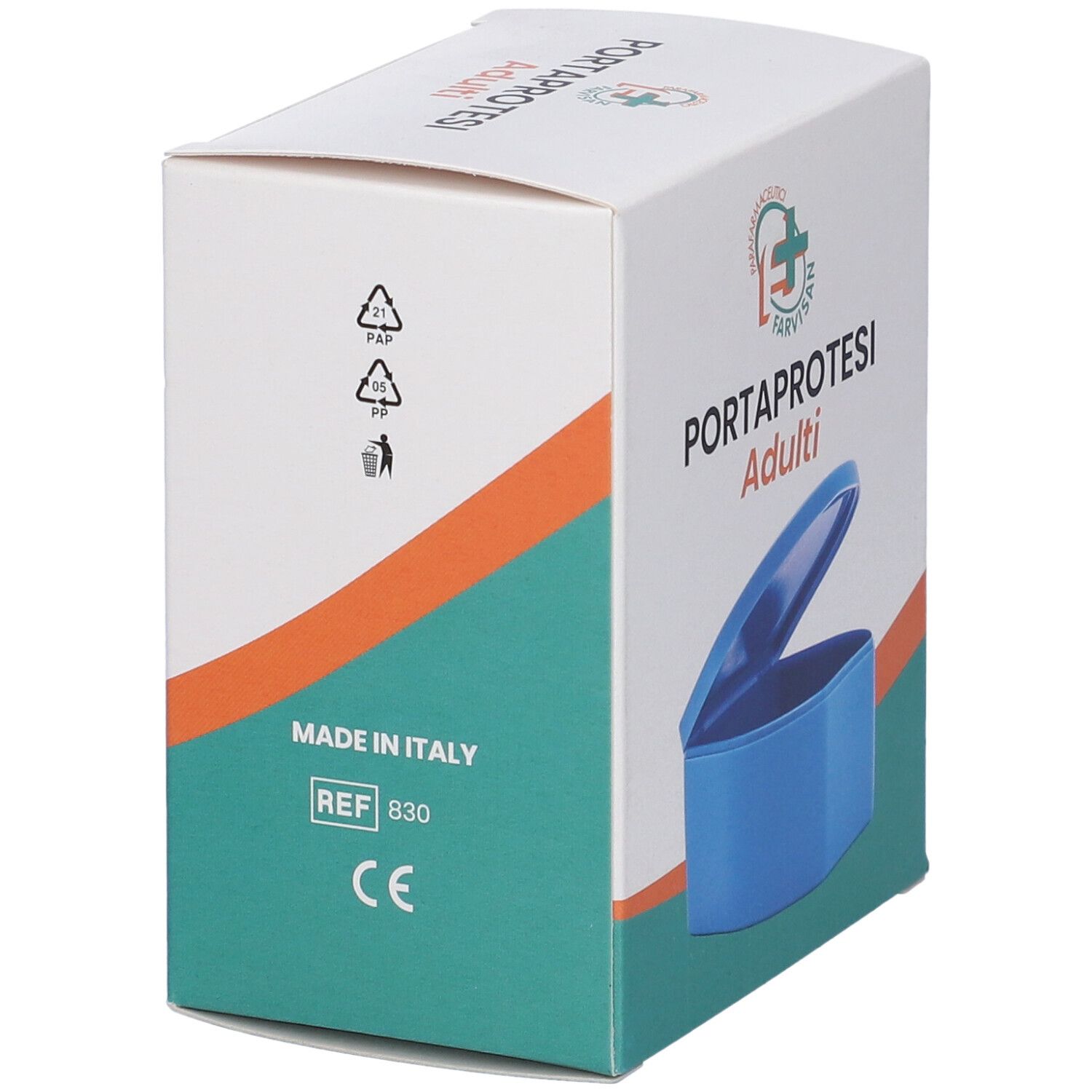 Scatola per portaprotesi adulti. Scritto: PORTAPROTESI Adulti. Con marchio CE e Made in Italy. Marchio: Farvisan.