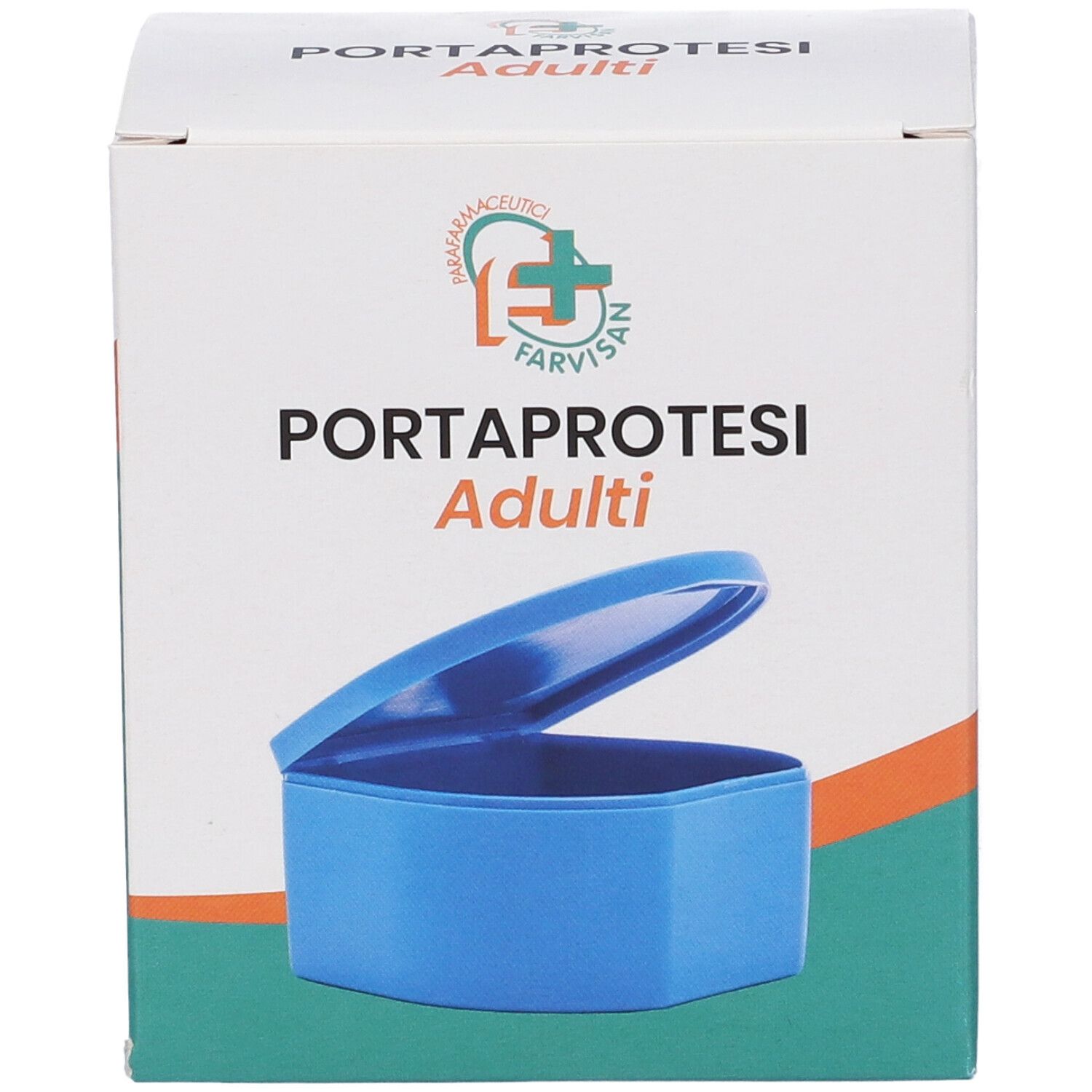 Scatola per portaprotesi adulti. Scritto: PORTAPROTESI Adulti. Contiene un contenitore blu. Marchio: Farvisan.