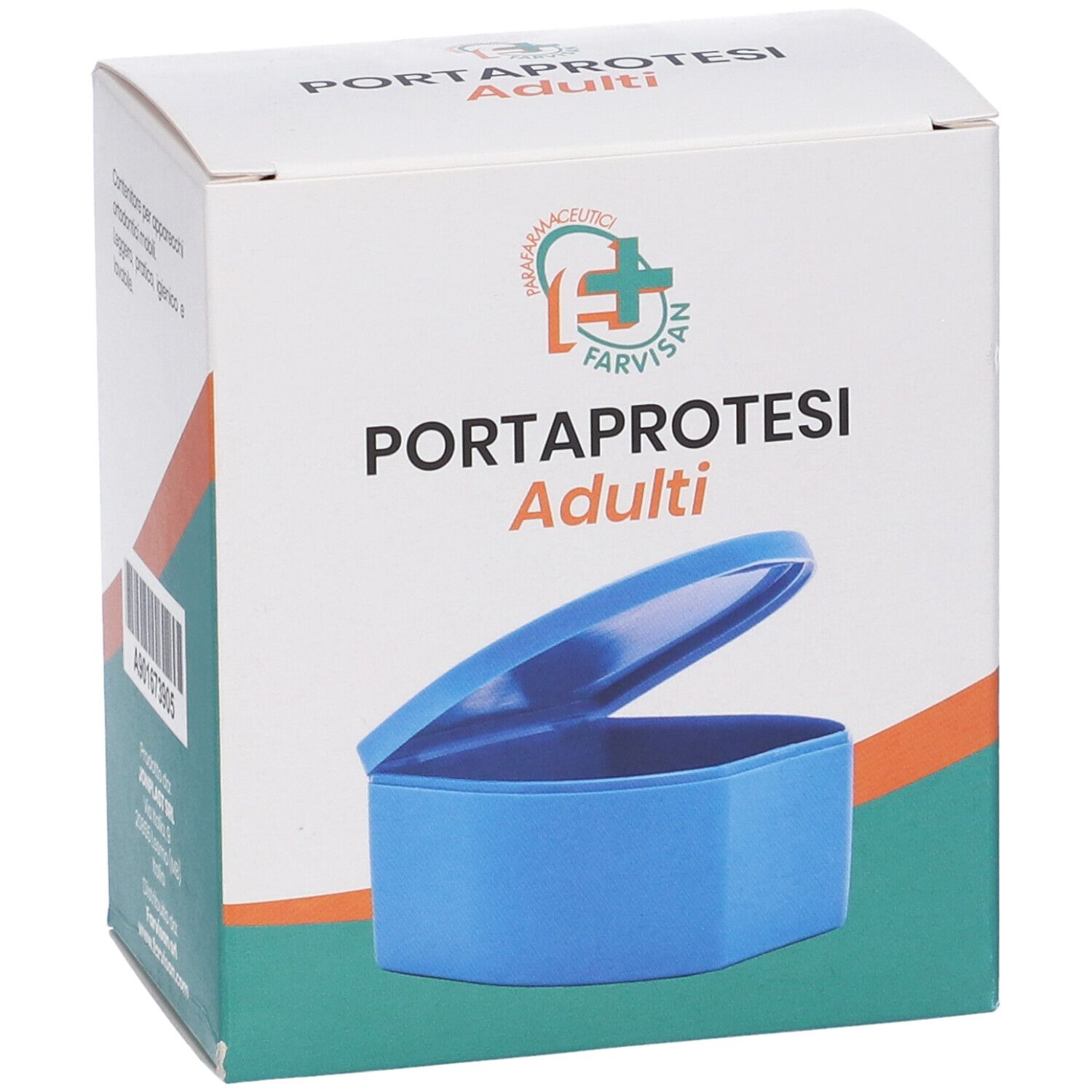 Scatola per portaprotesi adulti. Scritto: PORTAPROTESI Adulti. Contiene un contenitore blu. Marchio: Farvisan.