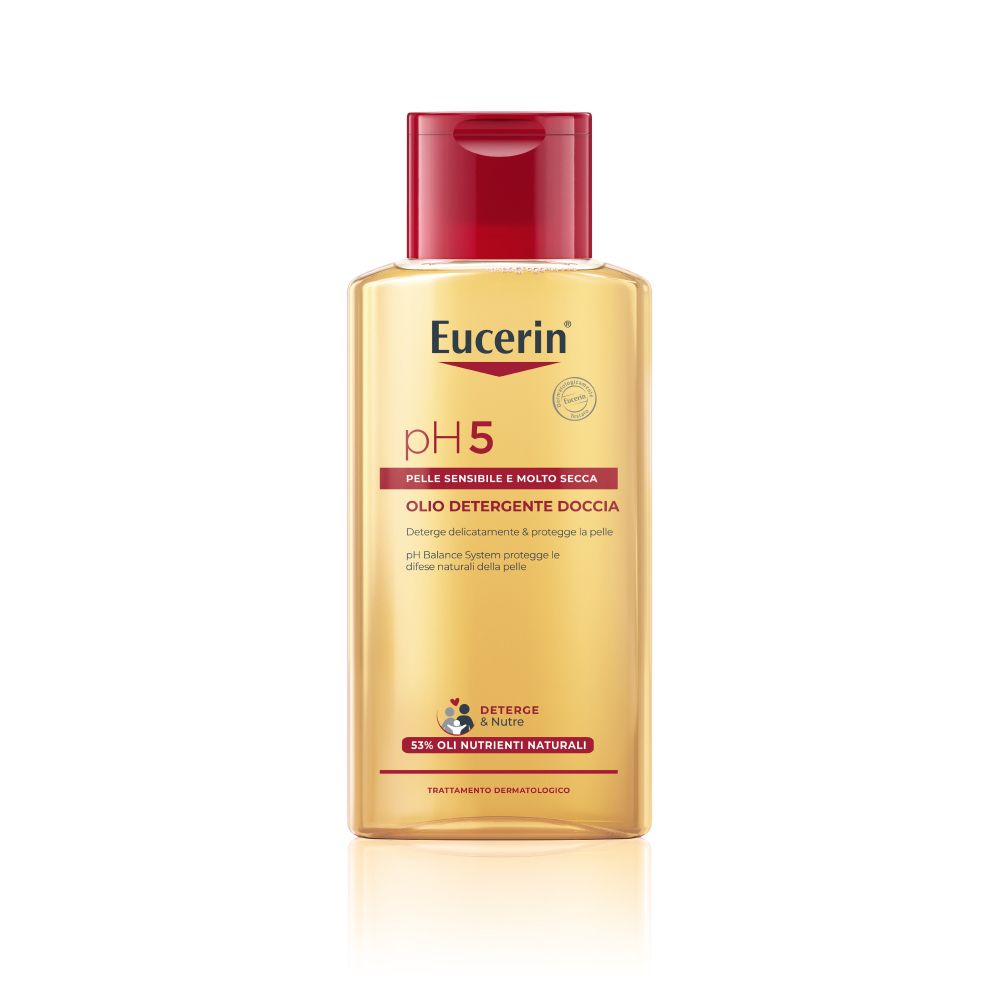 Flacone di olio doccia Eucerin pH5. Liquido giallo, tappo rosso. Scritta: pH5, OLI DETERGENTE DOCCIA.