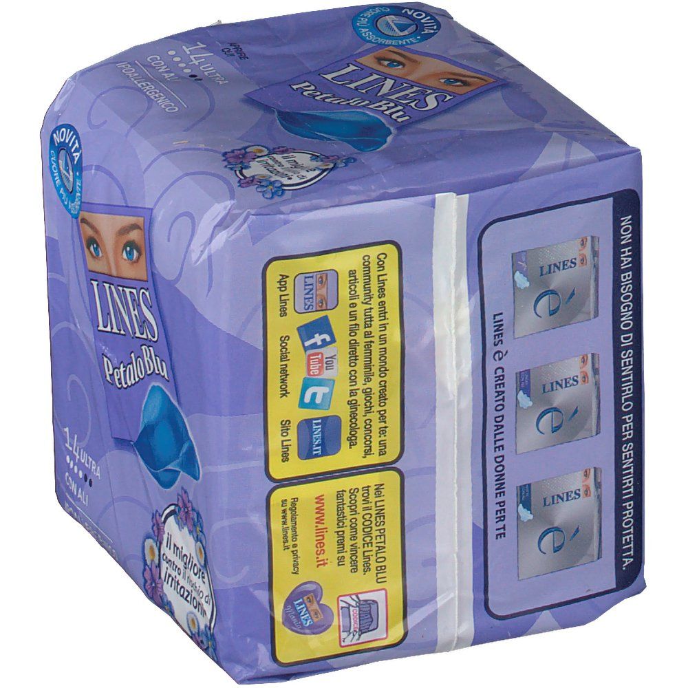 Confezione Lines Petalo Blu Ali. Imballaggio viola con nome e logo del prodotto. 14 pezzi, ultra, con ali. Testo sul retro.