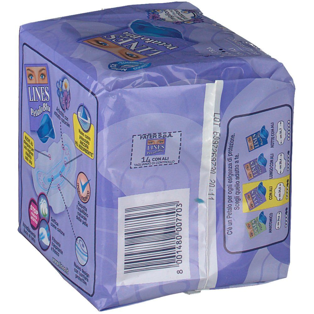 Confezione Lines Petalo Blu Ali. Imballaggio viola con nome e logo del prodotto. 14 pezzi, ultra, con ali. Retro con codice a barre.