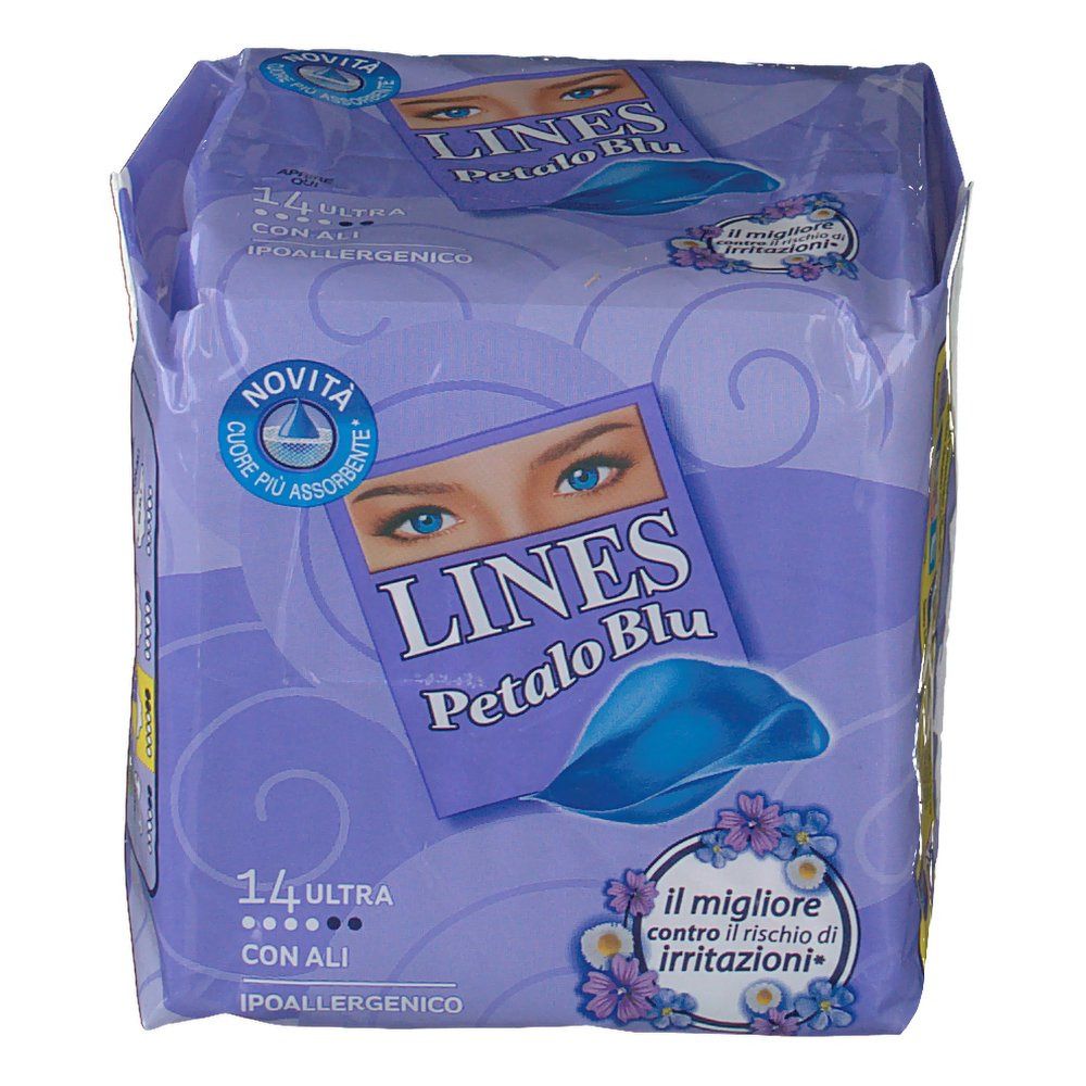 Confezione Lines Petalo Blu Ali. Imballaggio viola con nome e logo del prodotto. 14 pezzi, ultra, con ali.