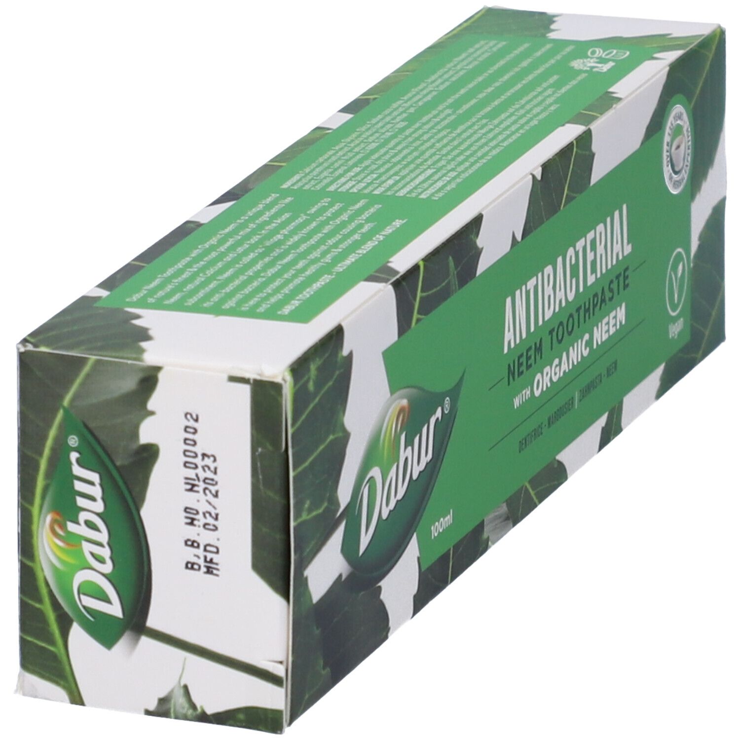 Confezione dentifricio Dabur, Antibatterico, Neem Toothpaste with Organic Neem. Sigillo Vegan. Design foglie.