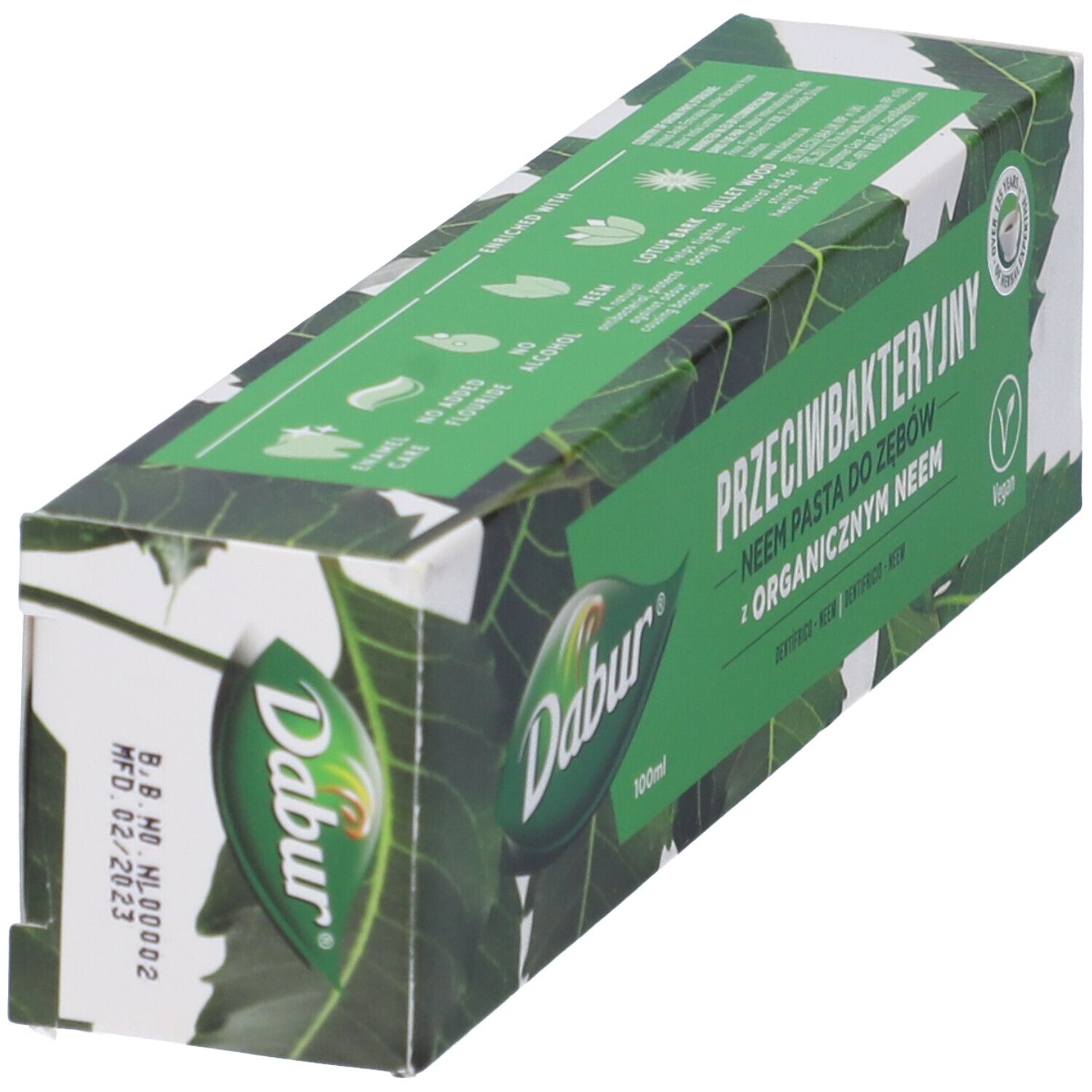 Confezione dentifricio Dabur, Przeciwbakteryjny, Neem Pasta do Zębów z Organicznym Neem. Sigillo Vegan. Design foglie.