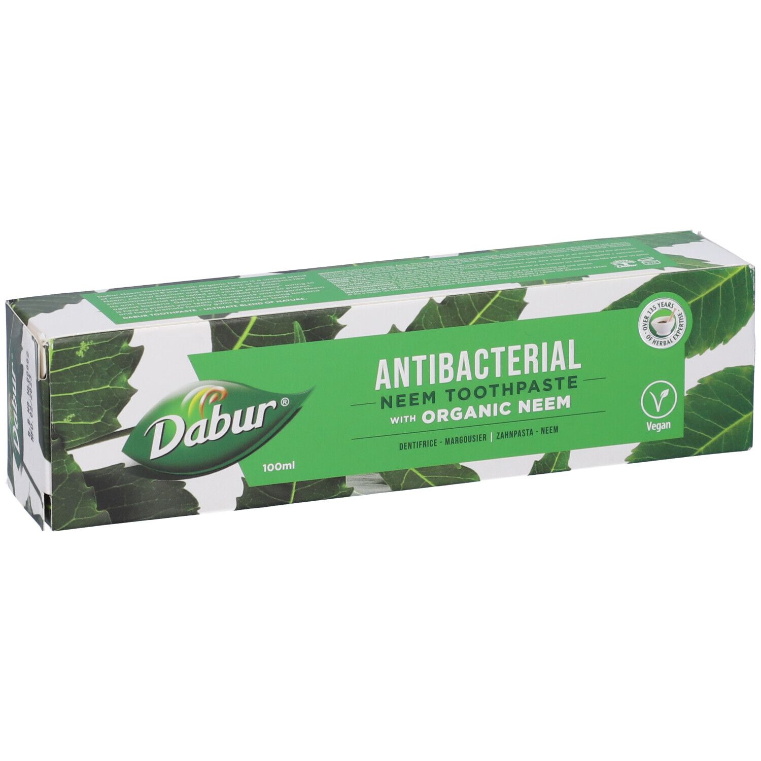 Confezione dentifricio Dabur, Antibatterico, Neem Toothpaste with Organic Neem. Sigillo Vegan. Design foglie.