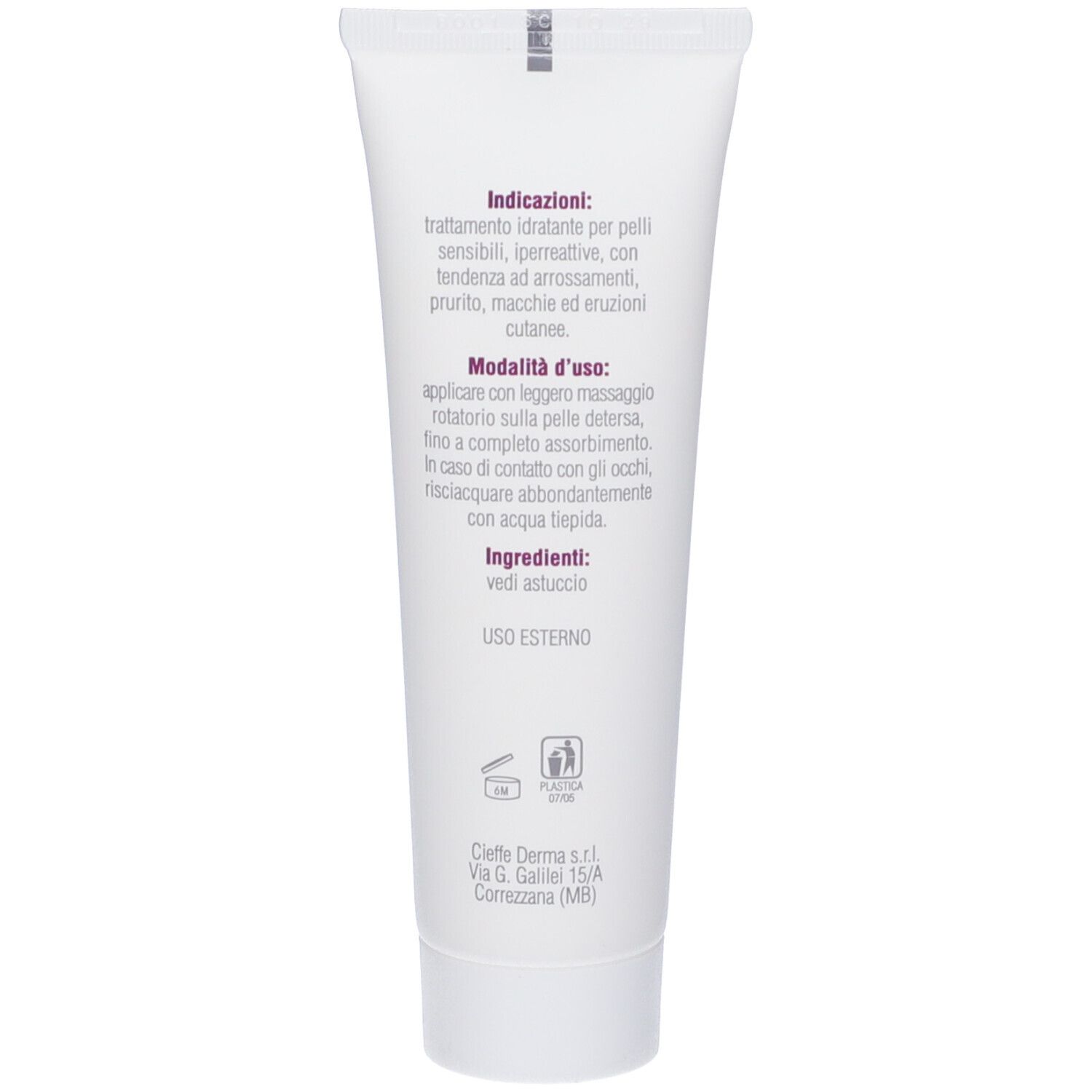 Retro del tubo bianco. Testo viola: Indicazioni, Modo d'uso, Ingredienti. Con simboli e indirizzo.