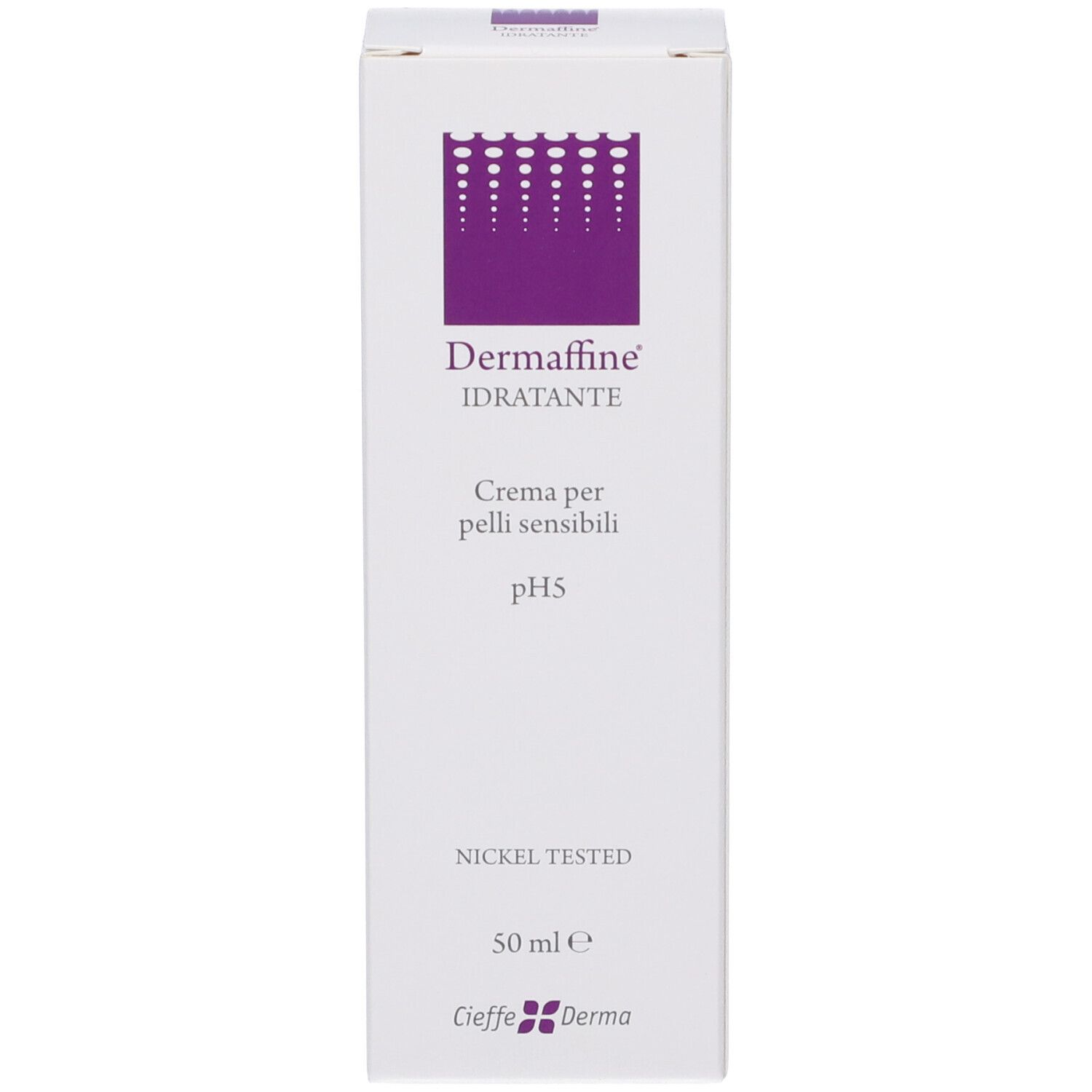 Scatola bianca con logo e scritta viola. Contiene Dermaffine Idratante, crema per pelli sensibili, pH5. 50 ml. Nickel tested.