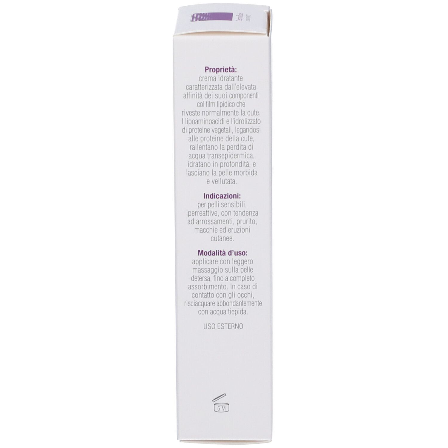 Retro della scatola bianca. Testo viola: Proprietà, Indicazioni, Modo d'uso. Con simboli e indirizzo.