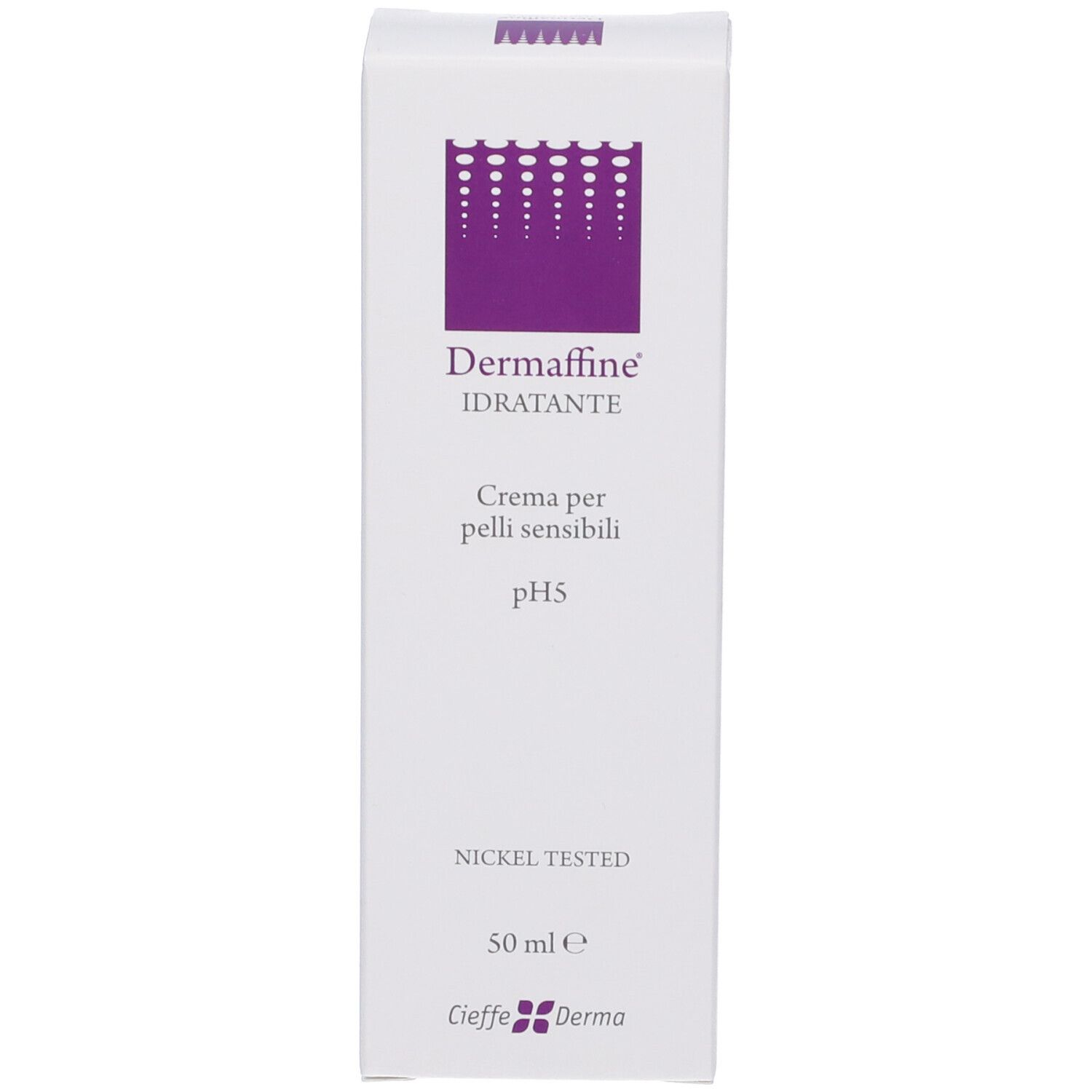 Scatola bianca con logo e scritta viola. Contiene Dermaffine Idratante, crema per pelli sensibili, pH5. 50 ml. Nickel tested.