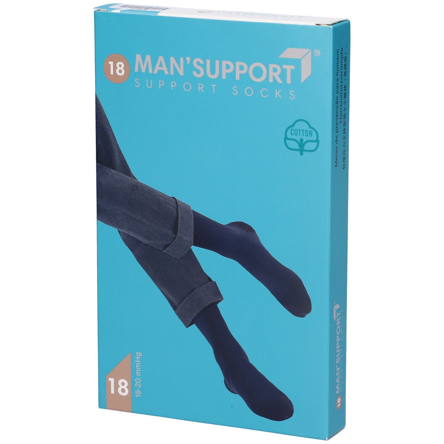 Confezione del prodotto. Stampa: MAN'S SUPPORT 18 SUPPORT SOCKS. Simbolo cotone. Calzini raffigurati in jeans. 18-20 mmHg.