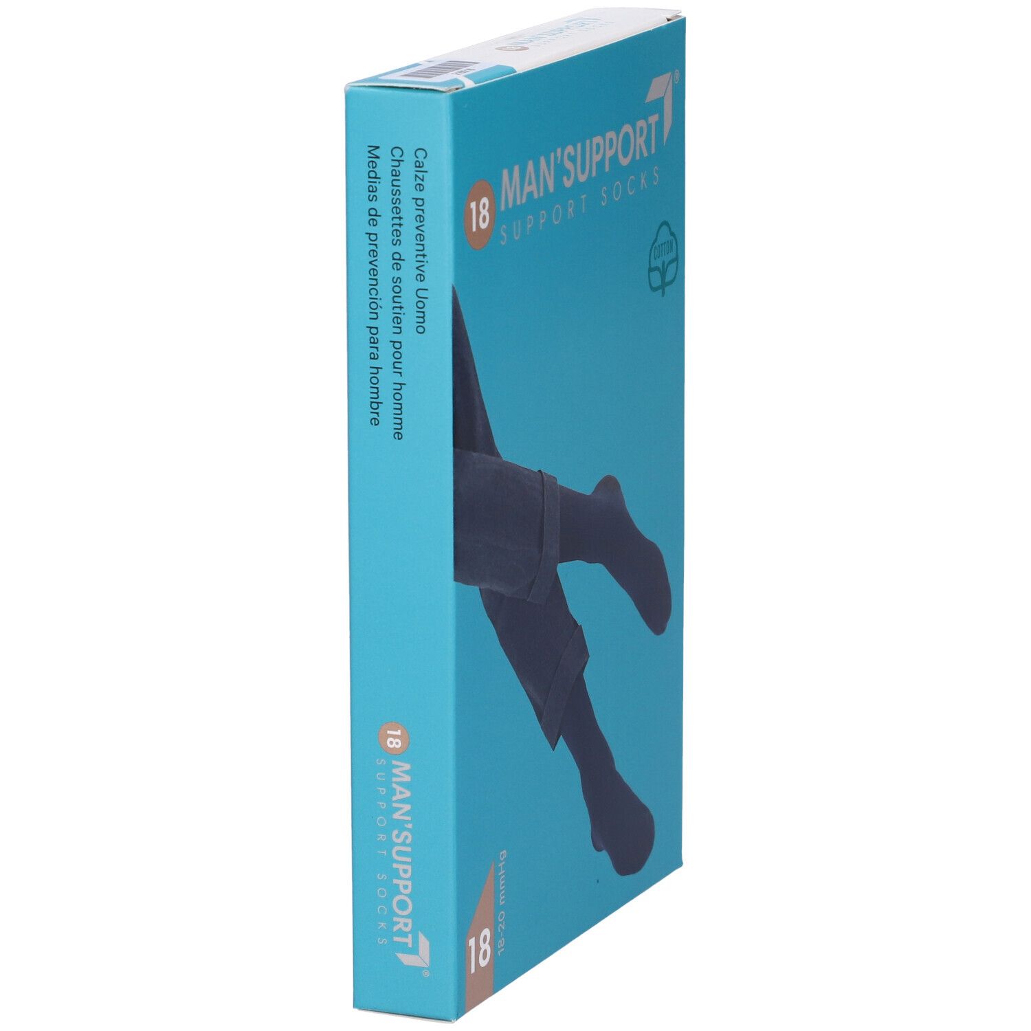 Confezione del prodotto. Stampa: MAN'S SUPPORT 18 SUPPORT SOCKS. Calzini raffigurati in jeans. Testo in tedesco, italiano, olandese, francese.