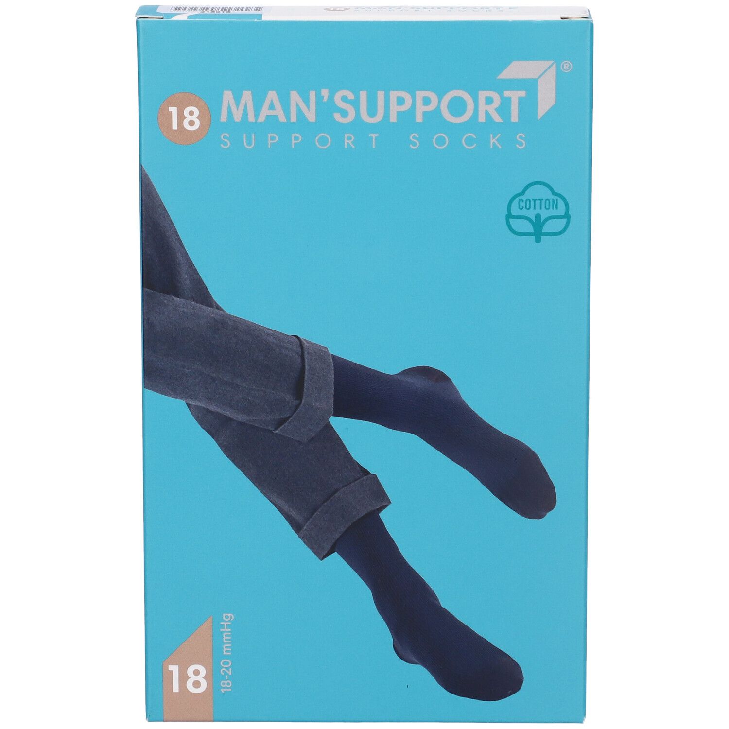 Confezione del prodotto. Stampa: MAN'S SUPPORT 18 SUPPORT SOCKS. Simbolo cotone. Calzini raffigurati in jeans. 18-20 mmHg.
