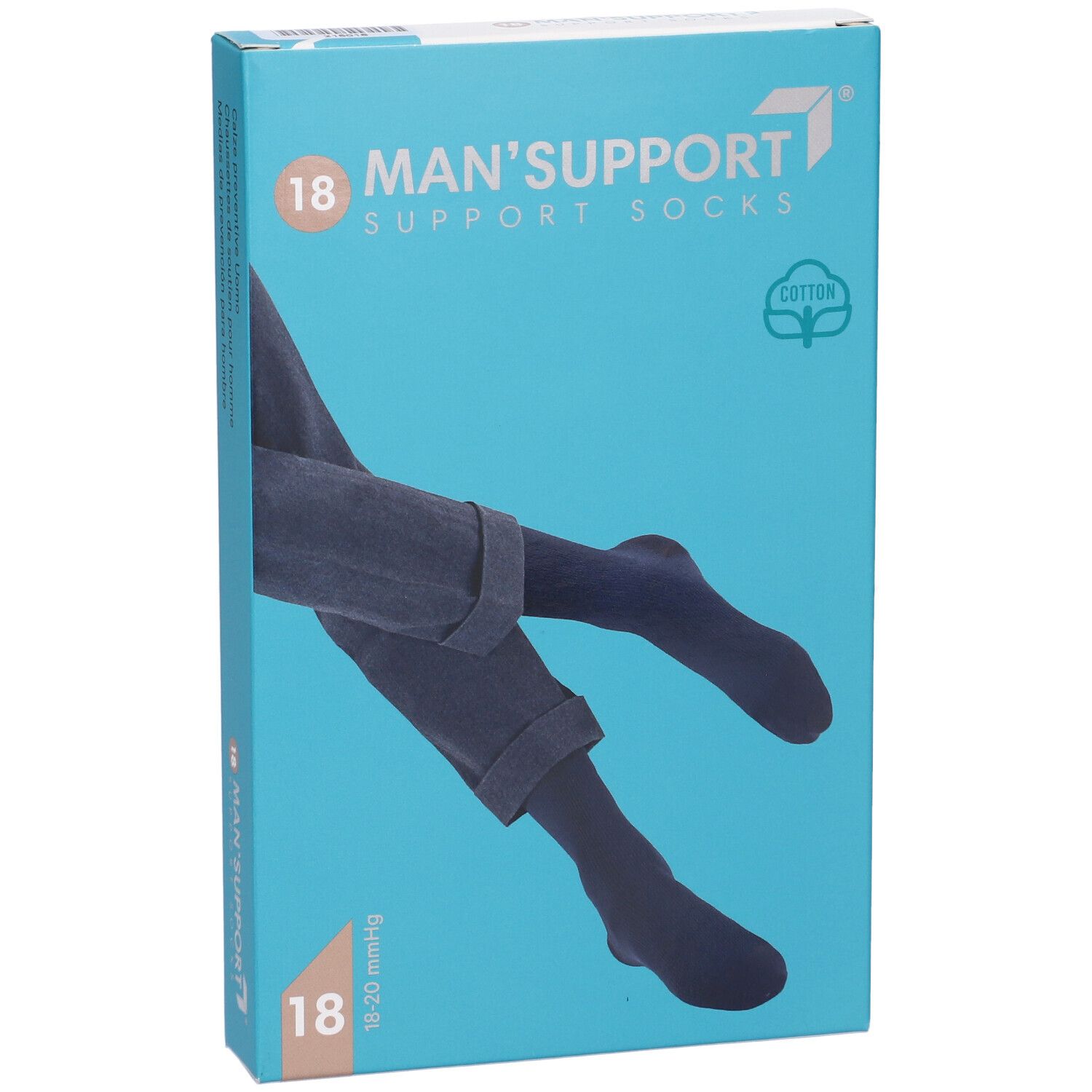 Confezione del prodotto. Stampa: MAN'S SUPPORT 18 SUPPORT SOCKS. Simbolo cotone. Calzini raffigurati in jeans. 18-20 mmHg.