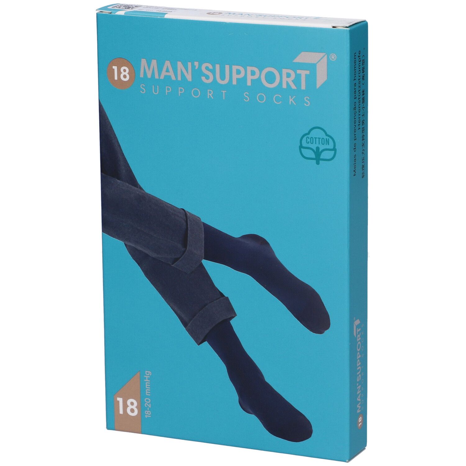 Confezione turchese di Man's Support 18. Mostra una persona in jeans e calzini blu. Logo cotone.