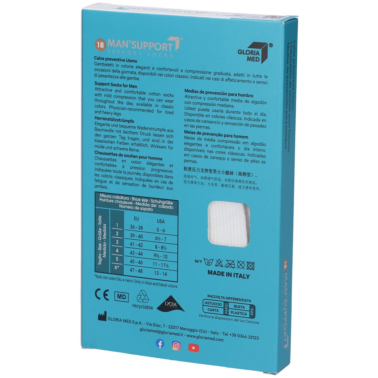 Retro della confezione turchese di Man's Support 18. Contiene testo multilingue e tabella taglie.