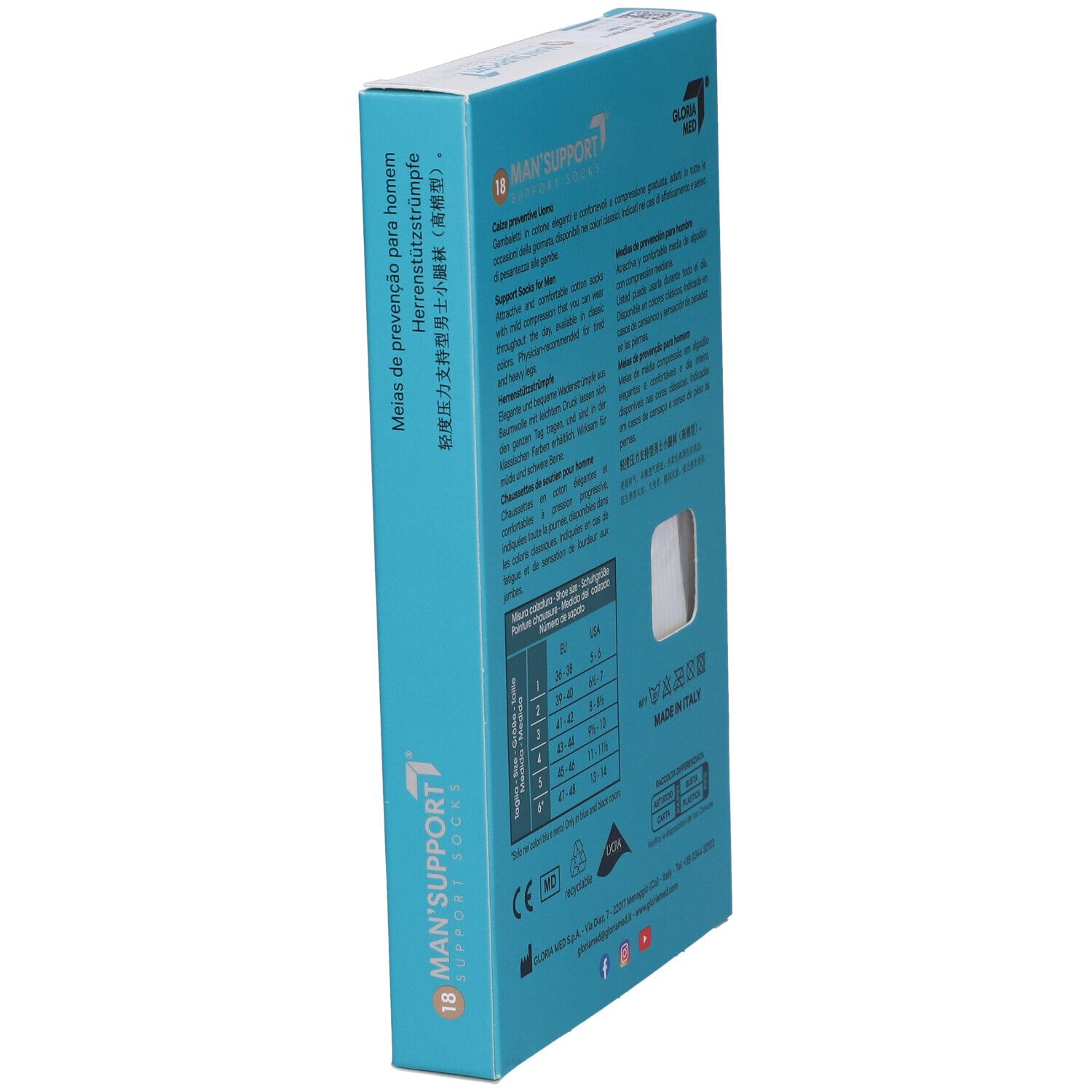 Vista laterale della confezione turchese di Man's Support 18. Contiene testo multilingue.