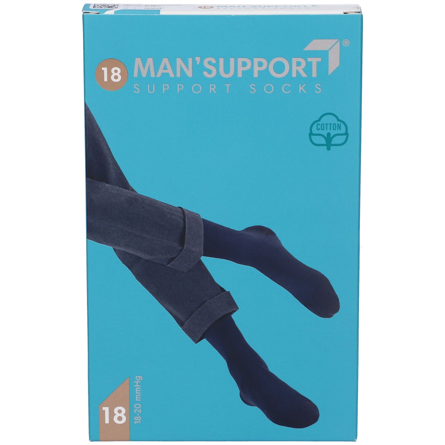 Confezione turchese di Man's Support 18. Mostra una persona in jeans e calzini blu. 18-20 mmHg.