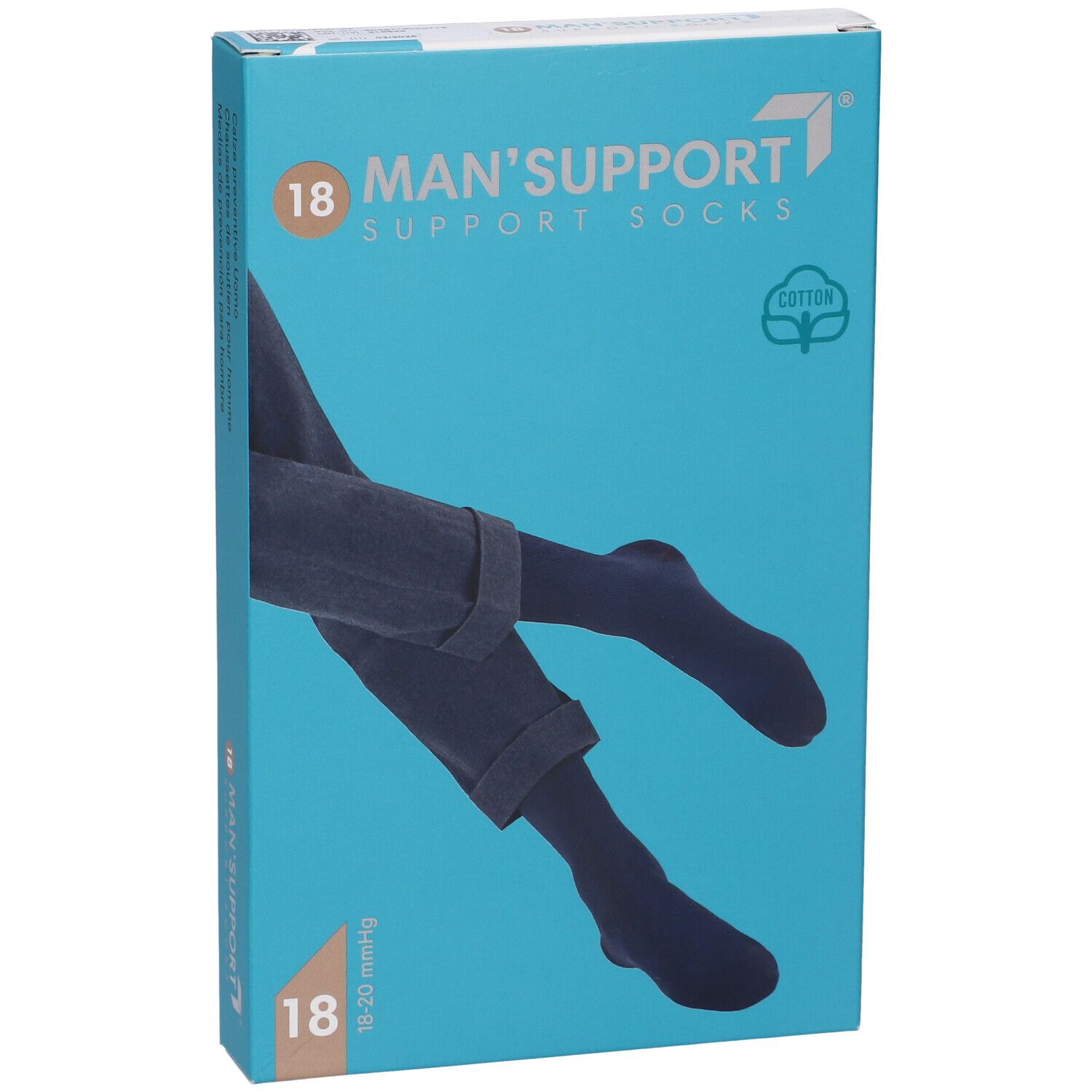 Confezione turchese di Man's Support 18. Mostra una persona in jeans e calzini blu. 18-20 mmHg.